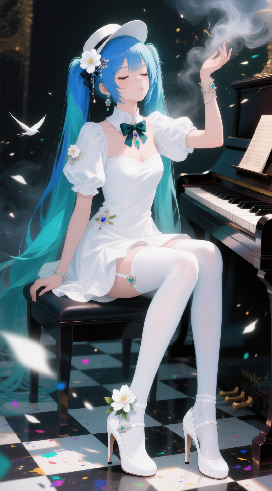 yuedong,ddxg,1girl,solo,long hair,bangs,hair ornament,thighhighs,dress,bow,twintails,jewelry,sitting,very long hair,blue hair,full body,closed eyes,flower,short sleeves,puffy sleeves,hand up,white dress,high heels,white thighhighs,aqua hair,thigh strap,bird,white footwear,white flower,instrument,checkered floor,piano,hatsune miku,, Look at the audience,focus on the face,, Eye traces,backlighting,depth of field,cinematic lighting,light particles,lens flare,, (artist: quasarake:0.8),extreme aesthetics,(wlop:0.6),masterpiece,best quality,good quality,latest,2024,2023,very aesthetic,absurd,visual impact,tension shot,, Ultra-high resolution,32K ultra-high definition,clear focus,excellent picture quality,masterpiece,emotional,unconventional supreme masterpiece,exquisite details,gentle atmosphere,high-end texture,fashion photography style,, (Visual Impact:1.2),gives the poster a dynamic and visually stunning look,impactful graphics,official art,rich colors,splashes of color,cinematic perspective,, masterpiece,best quality,amazing quality,very aesthetic,absurd,best quality,latest,, flying debris,dust,smoke,sjwx,gylm,as ghost mode,best quality,amazing quality,very aesthetic,absurdres,masterpiece,, Negative prompt: ng_deepnegative_v1_75t,(badhandv4:1.2),EasyNegative,(worst quality:2),,nsfw, Steps: 30, Sampler: Euler, CFG scale: 4.0, Seed: 2936127836, Size: 1142x2048, Model hash: 98763a1277, Model: Qwen-Image_1.0.safetensors, Denoising strength: 0, RNG: CPU, Lora 1: ZOZ_情绪插画04, Lora Hash 1: e826ccab9b, Lora Weight 1: 0.8, vae_name: automatic