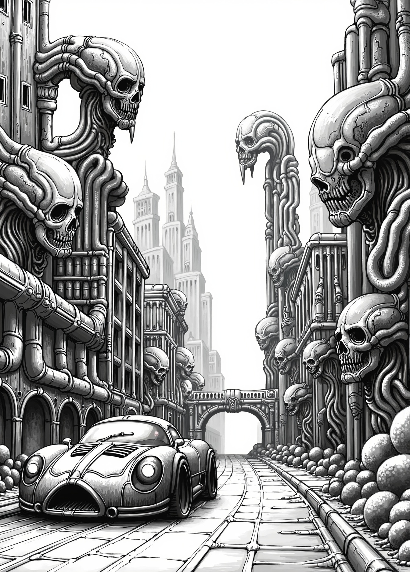 Black and white drawing with some very intricate textures. Skulls and creatures everywhere.Odd alien sport car on a city s...