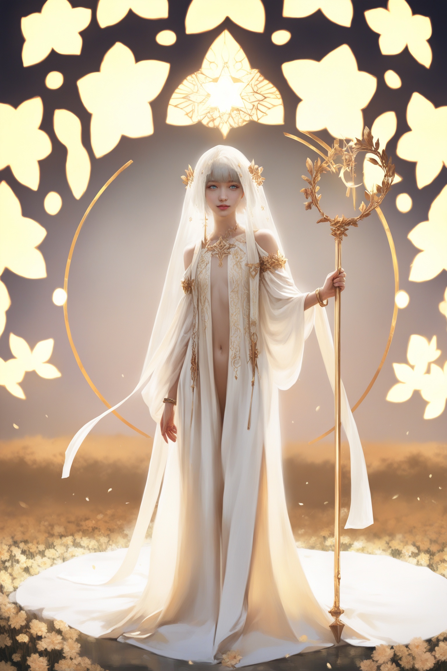 realistic,realistic photography,detailed,.,.,.,1girl,.,bracelet,<lora:RE10-000008:0.85>,A magical girl wearing a flowing,shimmering robe adorned with intricate runes and stars,holding a staff with glowing feathers at her side. She stands in a clearing surrounded by a field of glowing wildflowers,their petals shimmering like liquid gold. In the distance,a faint,shimmering trail of light leads to a floating,ethereal castle in the sky,adorned with glowing,star-shaped windows. The girl turns slightly,her eyes glowing with an inner light,and gently waves her staff,causing the surrounding area to twinkle with magical energy. A gentle breeze carries the scent of incense and smoke,suggesting she is under the influence of a powerful magical force. The scene is bathed in a warm,golden light,creating a sense of harmony and enchantment.,, very awa, masterpiece, best quality, highres, absurdres,, (Stable_Yogis_Illustrious_Negatives:1.0),