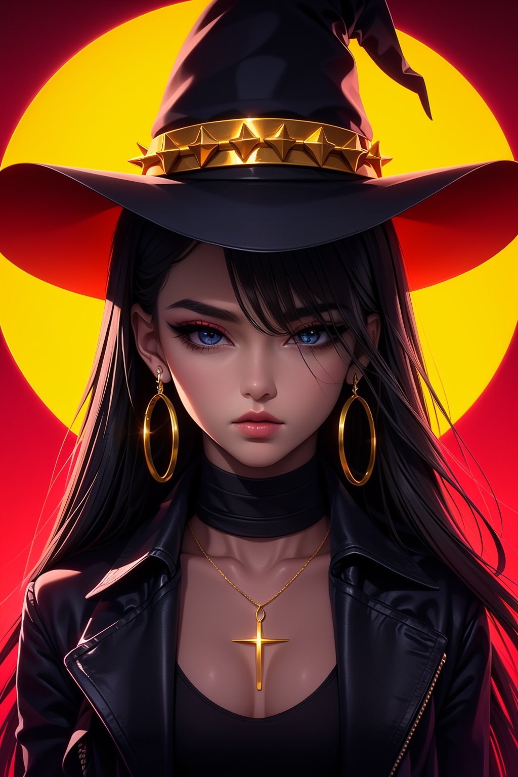 QXHTX,(backlight:1.3),1girl,hat,witch,witch hat,wand,solo,upper body,hair over one eye,jewelry,long hair,chain,earrings,necklace,gold chain,spiked collar,ear piercing,chain necklace,<lora:QXHTX_20240412134359-000008:0.8>,
