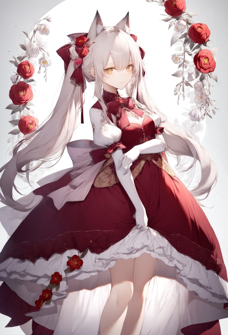 masterpiece, best quality<lora:sd_xl_dpo_lora_v1-128dim:1>,1girl, long hair, solo, dress, animal ears , yellow eyes, flower, gloves, full body, hair bow, very long hair, white hair, white gloves, white dress, red flower, red bow, white background, wolf ears, looking at viewer, pink bow, elbow gloves, hair between eyes, twintails, red dress, puffy sleeves, bangs, hair ornament, short sleeves, standing, wolf girl  , <lora:hitoimimXLlokr4f-000053:1>