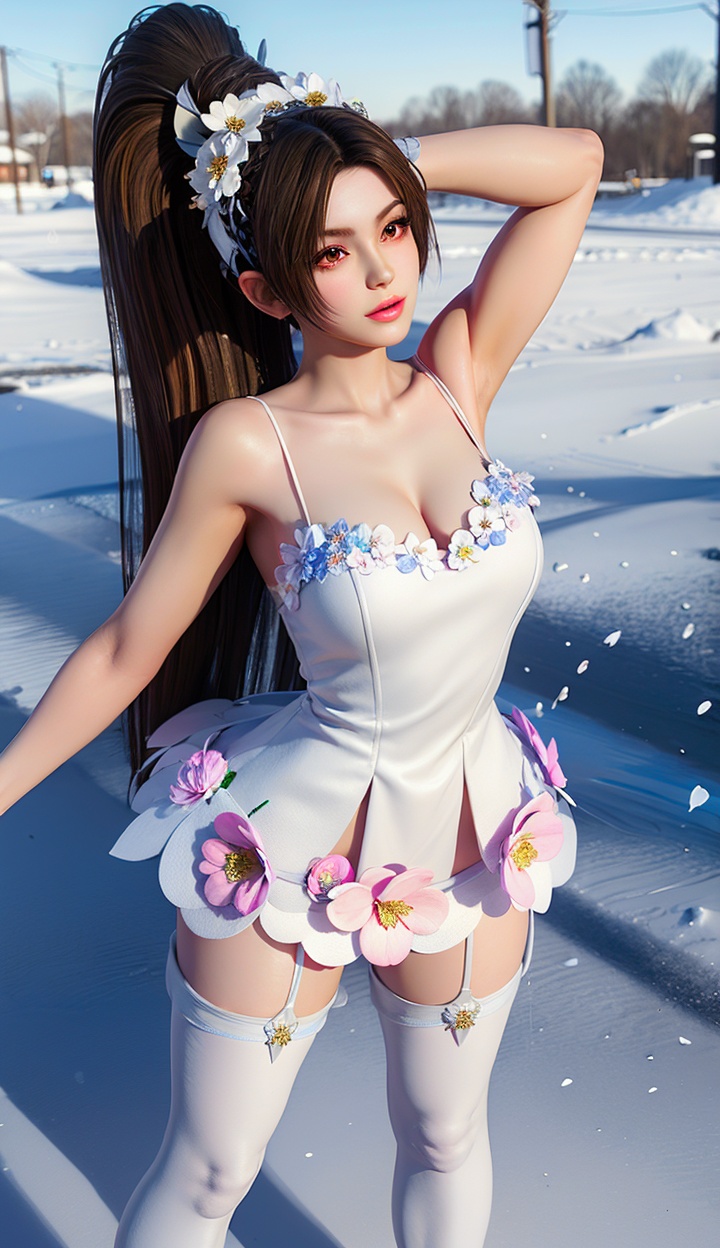 masterpiece,highres,1girl,solo,sfw,<lora:add_detail:0.3>,looking at viewer,thighhighs,((beautiful Dress+stocking):1.25),((flower headdress:1.45)),((white theme:1.5)),snow,outdoors,snowflakes,sleeveless,(3D graphics),shiranui mai,brown eyes,<lora:shiranuimai-000007:0.7>,