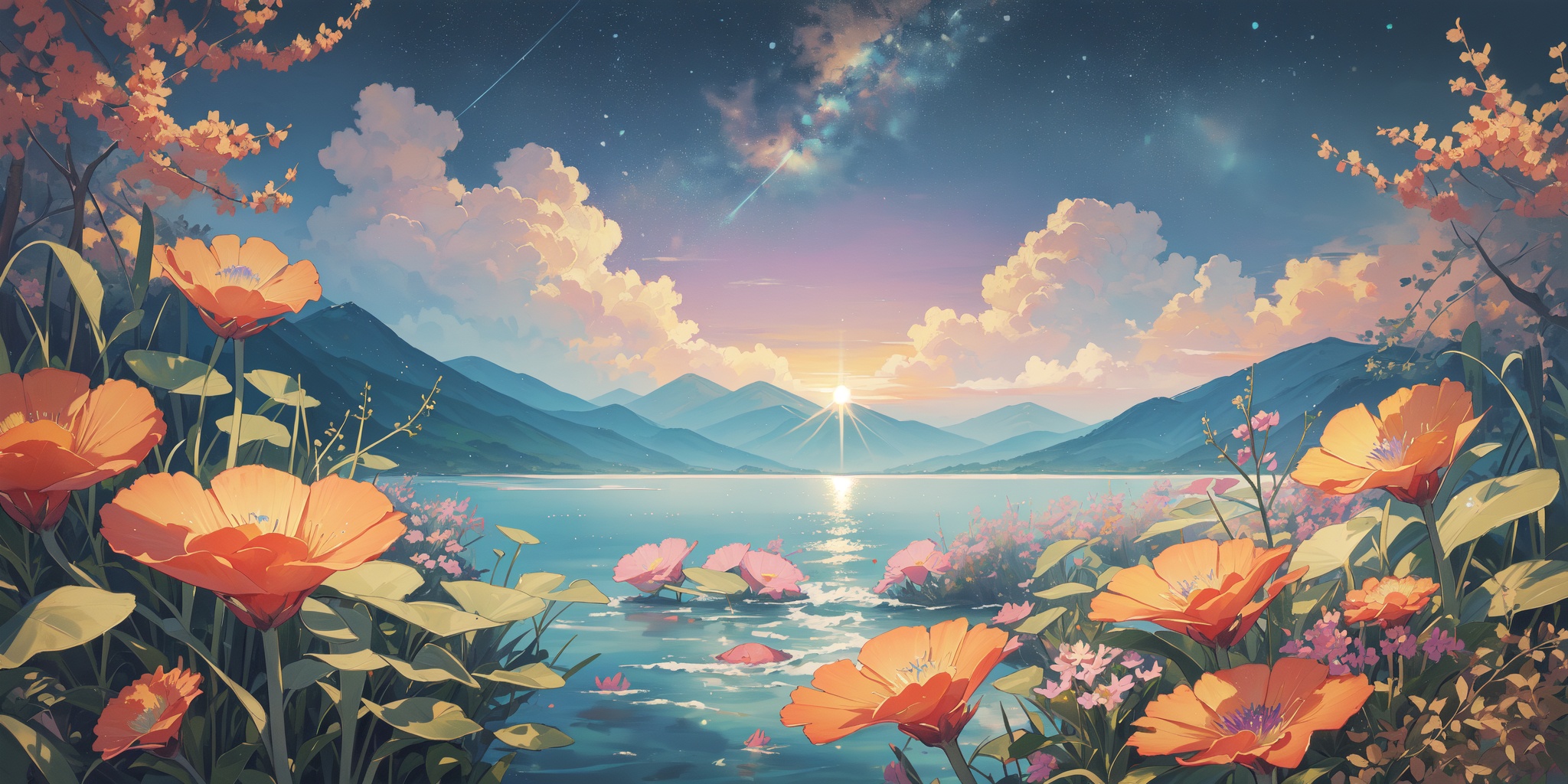 scenery,outdoors,light particles,beautiful detailed sky,beautiful detailed glow,best shadow,panorama,(Coral, Reef, Fish, Seaweed, Colorful, Underwater, Diversity, Serenity:1.3),(Riverbank, Stargazing, Midnight, Night sky, Peacefulness, Contemplation:1.2),(California poppies, Spring blooms, Poppy field, Vibrant colors, Springtime explosion, California landscape:1.1),(masterpiece, best quality, beautiful and aesthetic:1.3),extremely detailed CG,ultra-detailed,beautiful concept illustration,illustration,extremely fine and beautiful,perfect details,<lora:YOUHUA-000018:1>,oil painting \(medium\),
