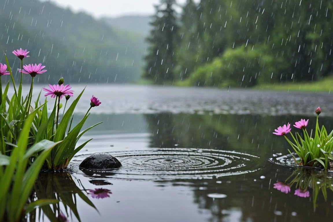 Heavy rain falling so much that you can't see in a beautiful landscape of mountains,  lakes,  forests on Tensor.Art