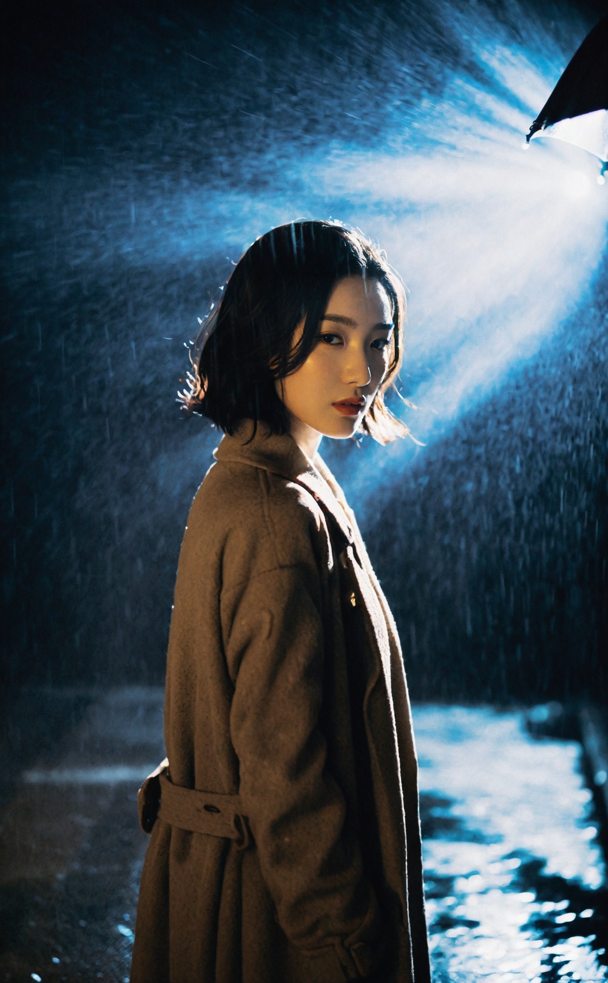 Iconic detective in film noir style,encapsulated in dramatic lighting,a solitary figure standing in the rain,showcasing a detailed face expressing the weight of the world.,korean girl,black hair,mugglelight,