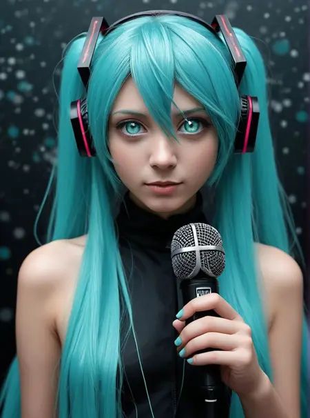 1girl, hatsune miku, white pupils, microphone, abstract, abstract background, masterpiece, looking at viewer, black hole, colorful, very long hair,