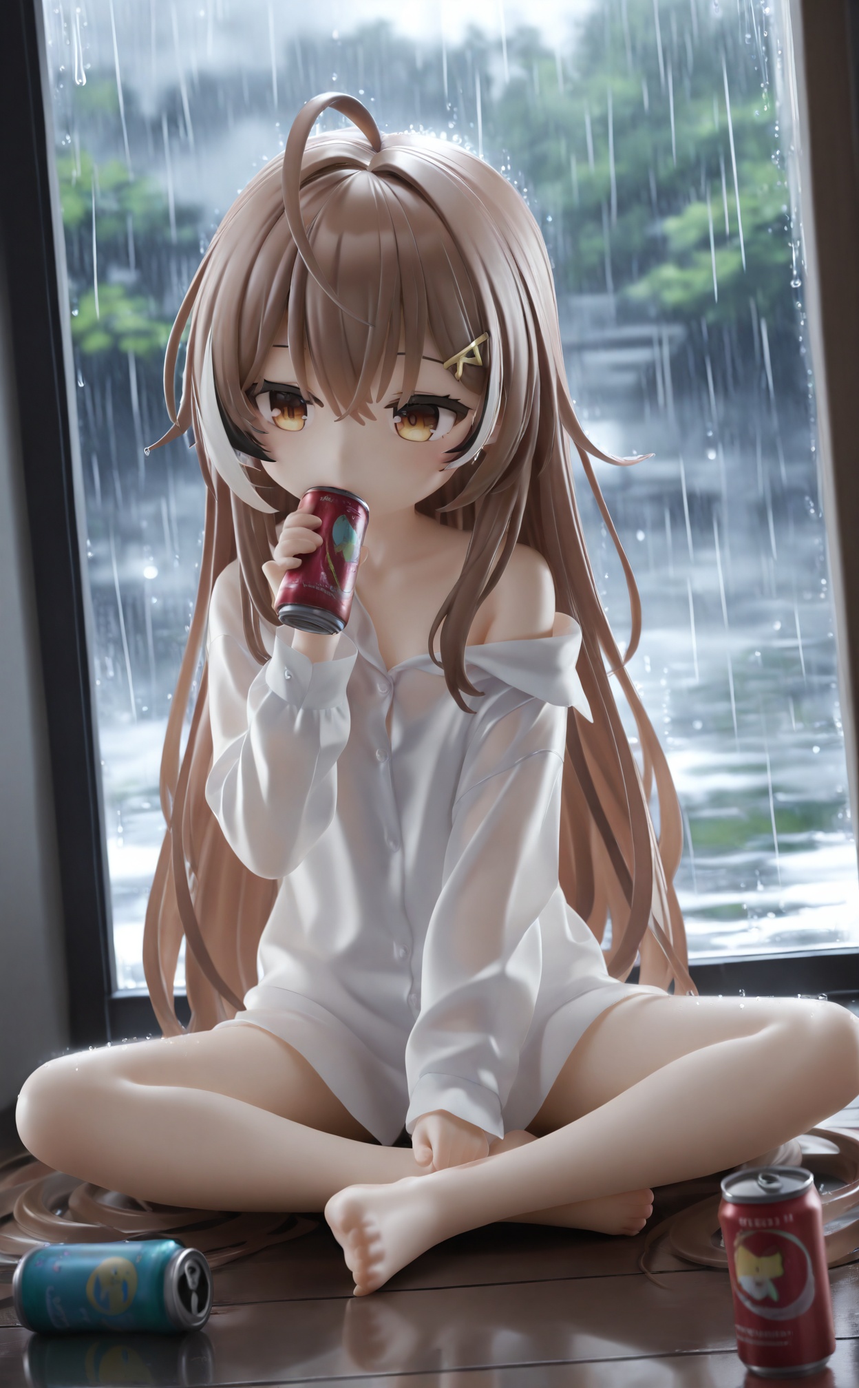 masterpiece,loli,1girl,rain,bottle,barefoot,nanashi mumei,virtual youtuber,shirt,solo,bangs,hair ornament,sitting,window,glass,long hair,holding,hairclip,very long hair,on floor,can,brown hair,off shoulder,ahoge,brown eyes,<lora:pvc3——【Illustrious】hans:0.8>,