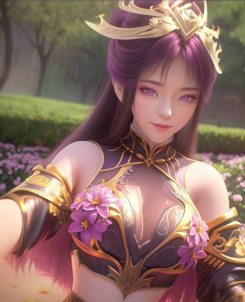 <lora:598-DA-百炼成神-毒血夫人:0.8>(,1girl, ,best quality, ),looking at viewer,  ,ultra detailed 8k cg,ultra detailed background,ultra realistic 8k cg,1girl, solo,(bare shoulders:0.85),(masterpiece, best quality),((oil painting style)),sexy young lady,(beautiful face and eyes),(upper body:1.5),(whole body:1.05),(single person:1.2),surrounded by flowers, (lily), roses, floret, vegetation, white, purple, purplish pink,Impressionism,colorful,(Breast size:1.3),(cleavage),