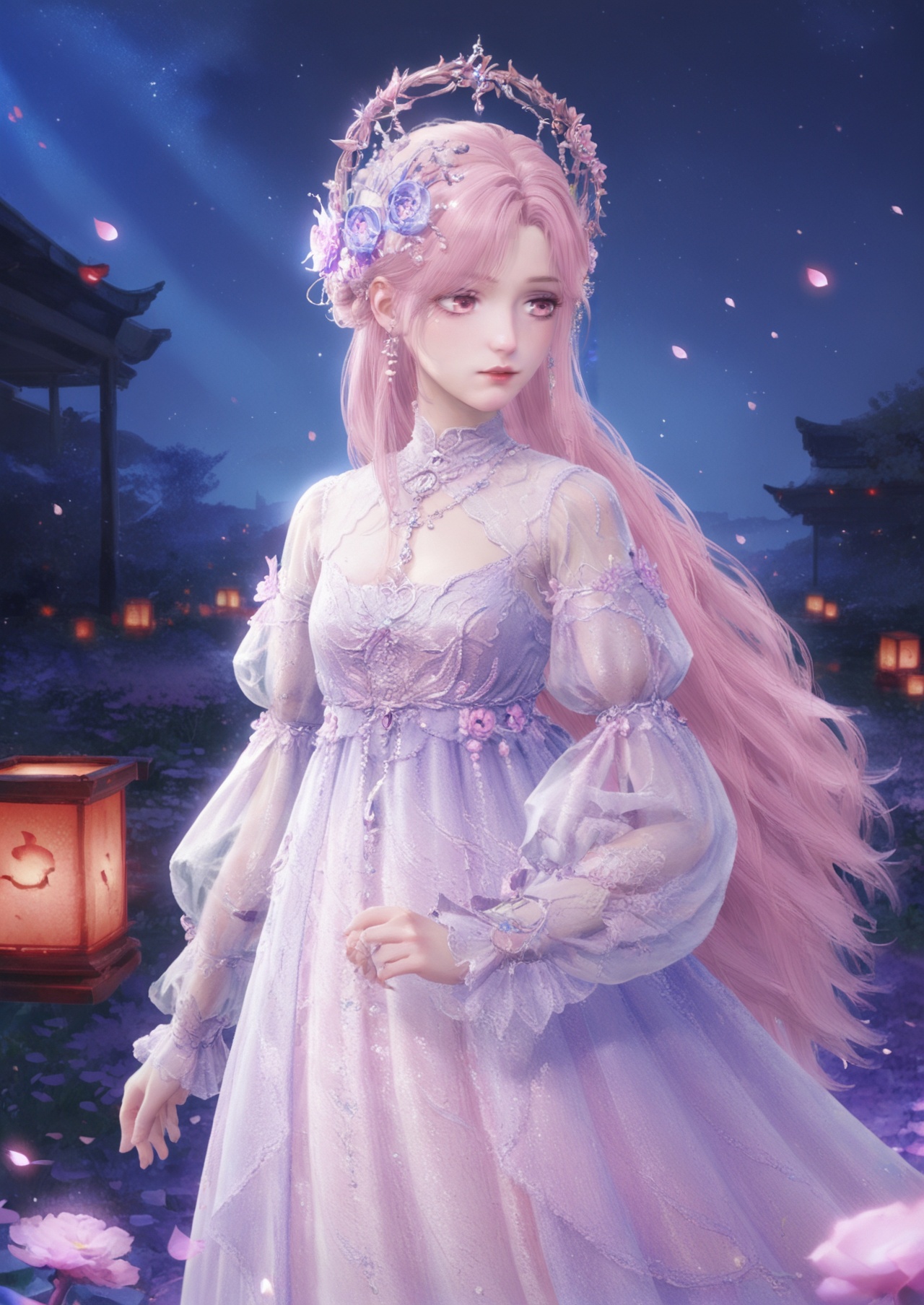 score_10,score_9,score_8_up,score_7_up,1girl,Nikki,hair ornament,long hair,flower,pink hair,solo,dress,jewelry,night,lantern,petals,looking to the side,hair flower,see-through sleeves,