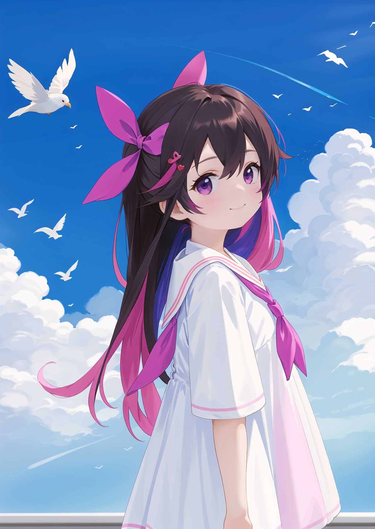 masterpiece,best quality,1girl,purple eyes,pink hair,multicolored hair,colored inner hair,solo,dress,long hair,looking at viewer,hair ornament,white dress,bird,streaked hair,smile,blush,sailor collar,neckerchief,outdoors,sky,short sleeves,closed mouth,black hair,blue sky,from side,hair between eyes,brown hair,cloud,hair bow,