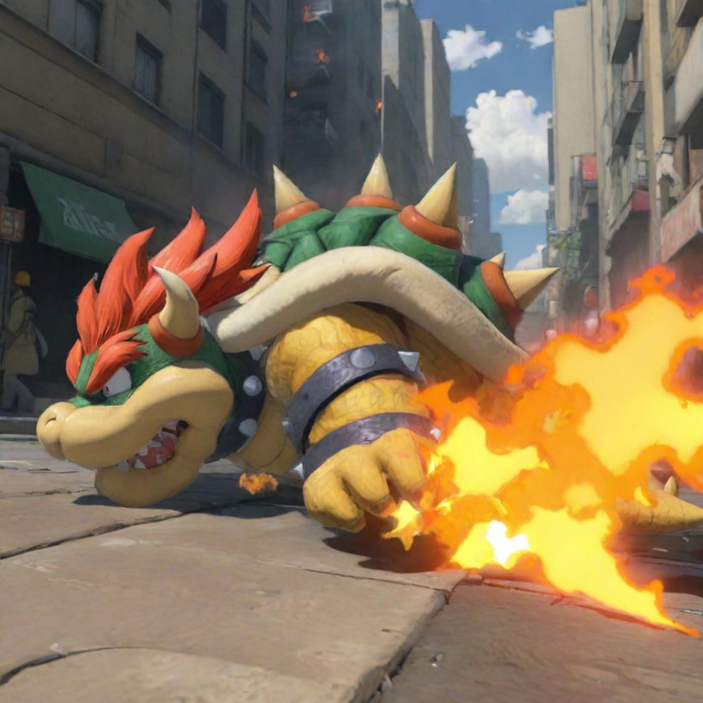 Bowser breathing fire in city,  lying on the ground. Anime style on Tensor.Art