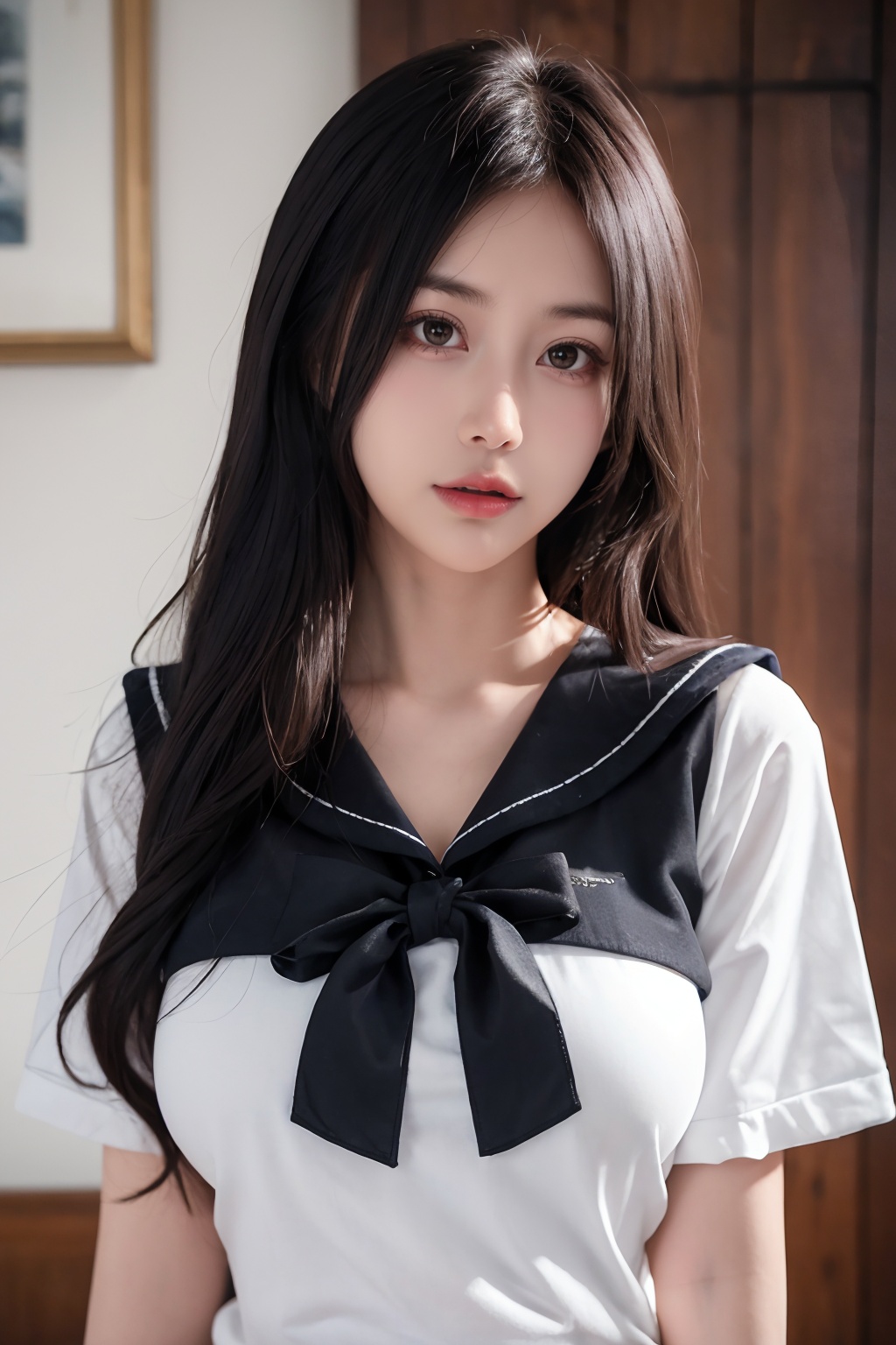 8k,RAW photo,best quality,masterpiece,realistic,1girl,large breasts,center frills,shirt,upper body,sailor_shirt,<lora:晓晓2:0.6>,