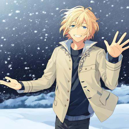 At the snowy field,  a blonde male Eichi Tenshouin with blonde short hair between his blue eyes is waving at the viewer. H...