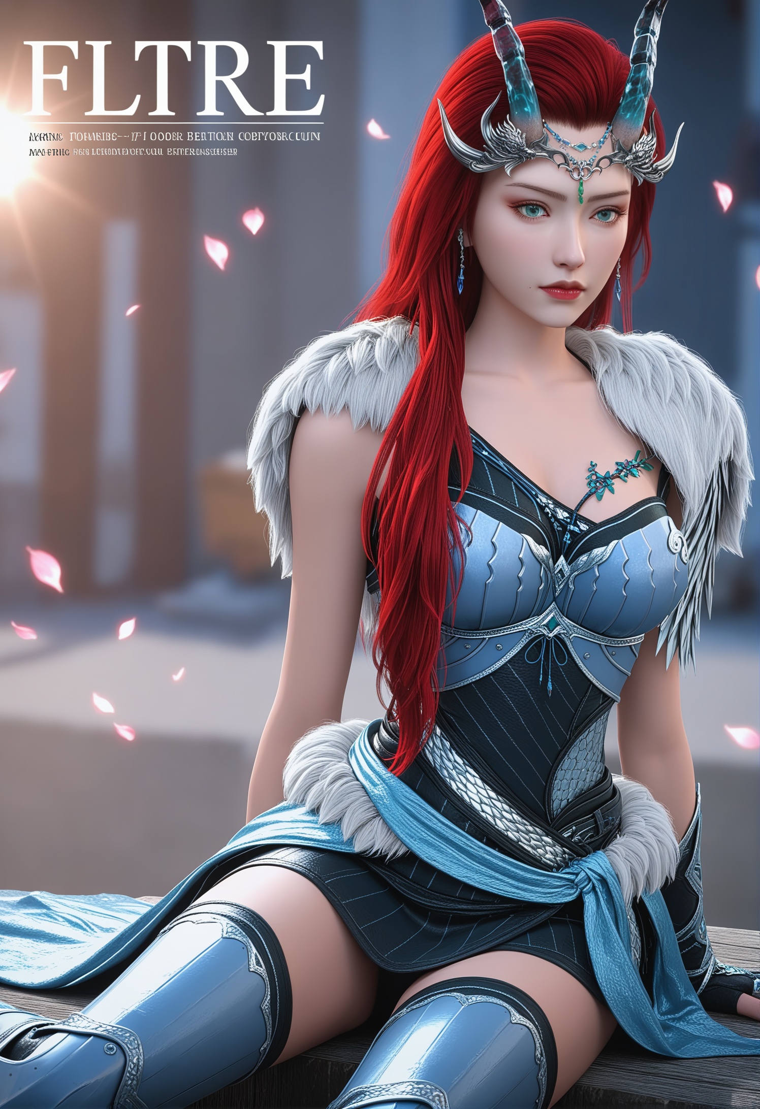 score_9,score_8_up,score_7_up,1girl,solo,sitting,(advertising cover:1.3),(magazine cover theme:1.15),artist name,(arms_behind_back:1.3),1girl,solo,realistic,dress,long skirt,feather trim,fur trim,fur-trimmed cape,cape,breastplate,armored dress,armor,mole under mouth,mole under eye,mole,gloves,fingerless gloves,dragon girl,horns,dragon horns,dragon tail,tail,boots,armored boots,qq2551213441,realistic,jewelry,tiara,crown,hair ornament,forehead jewel,gem,green gemstone,earrings,necklace,1girl,solo,realistic,(mature face:1.2),slender face,big_eyes,long hair,red hair,hair over shoulder,makeup,lips,lipstick,red lips,blue eyes,green eyes,collarbone,eyelashes,eyeshadow,closed mouth,realistic,(available light:1.3),(bright sunlight:1.2),grey_background,(white_background:0.9),falling petals,advertising cover,(depth of field:1.2),depth_of_field,(looking at viewer:1.1),<lora:小巳-敖冰pony:0.85>,