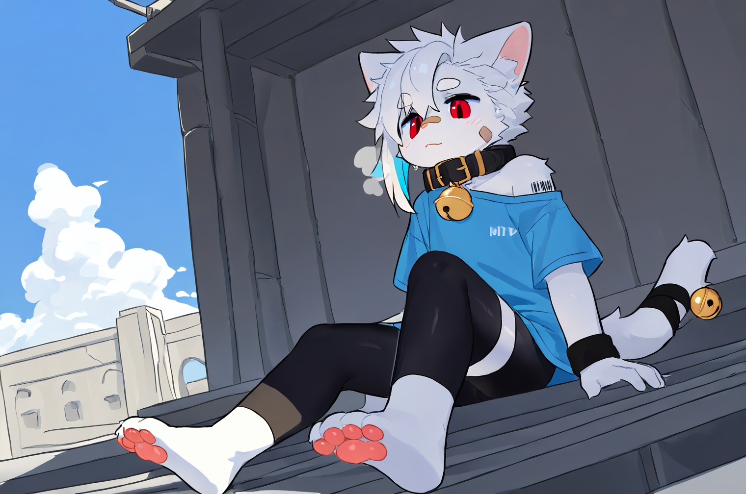 Right mid length drooping frontal hair,(Asymmetric hair on the temples:1.2),Expose left shoulder,wristband,thick eyebrows,barcode tattoo,heavy_breathing,AKIRA,cat boy,1boy,solo,male_focus,(white_hair:0.8),red eyes,[bell on collar,Collar,Cortical collar,Large collar],(blue t-shirt,black_leggings under shorts,black bike_shorts),(barefoot) BREAK dutch angle,vanishing point,sitting on rooftop,(blue sky,cloud,wind),(masterpiece, best quality:1.1),foot focus,bandage on nose,bandage on leg,Tail decoration,cat tail,furry,<lora:雨α:0.4>,