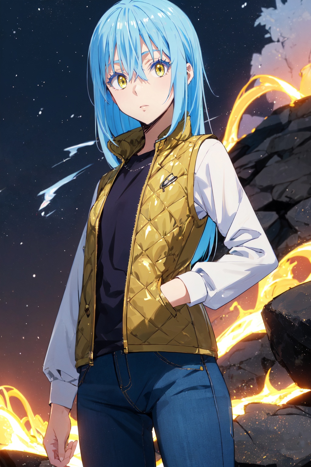 1other,looking at viewer,solo,androgynous,blue hair,long hair,hair between eyes,bangs,yellow eyes,standing,quilted vest, long-sleeve t-shirt, jeans, sneakers,<lora:Rimuru:0.8>,Rimuru_CYQL,cowboy_shot,beautiful face,beautiful eyes,glossy skin,shiny skin,Volcano, Lava, Ash, Crater, Smoke, Rocks, Seabirds, Magma,beautiful detailed sky,beautiful detailed glow,posing in front of a colorful and dynamic background,masterpiece,best quality,beautiful and aesthetic,contrapposto,female focus,wallpaper,fashion,