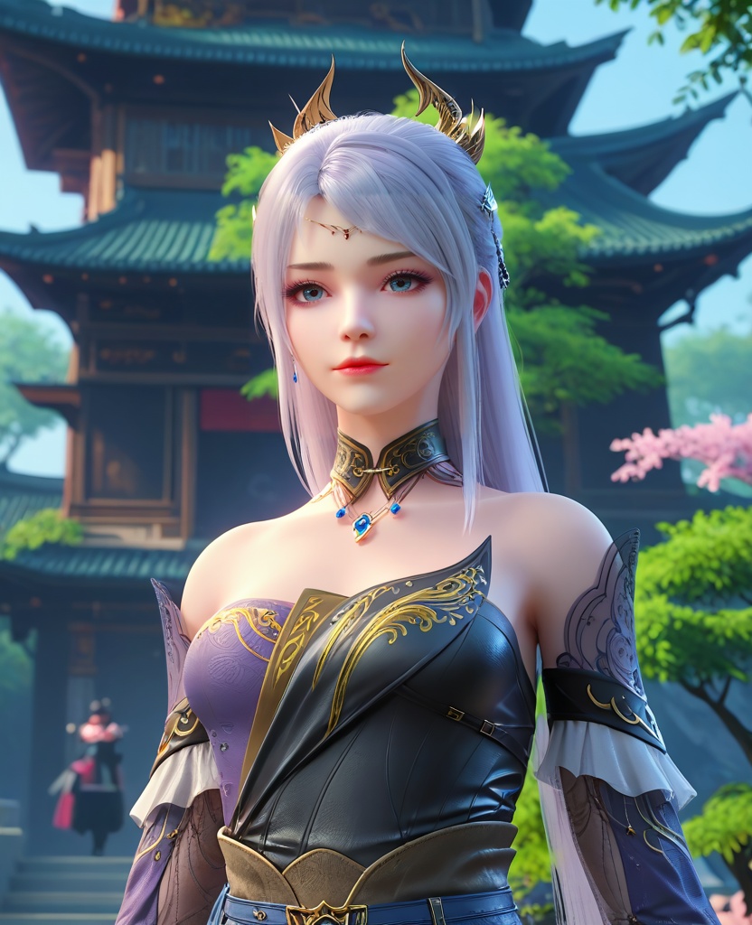 (oriental architecture, elegant decor, sophisticated style:1.1),prostration,(breasts:1.2),pelvic curtain,<lora:XL16大主宰洛璃:0.95>,miss luoli,purple short dress paired with black peplum overskirt,blue eyes,white hair,long hair,half-up ponytail with long cascading hair,hair ornament,detached collar,sash,, zPDXL2, score_9, score_8_up, score_7_up BREAK realistic, masterpiece,best quality, highly detailed,, zPDXL3, zPDXL2,zPDXL, zPDXLxxx, zPDXLrl,