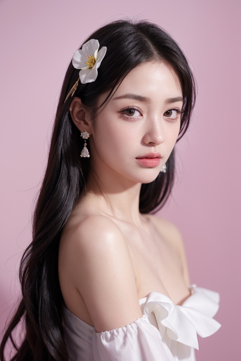 1girl, solo,(front view:1.2),(looking_at_viewer:1.4),(eye-contact:1.4),,black hair, long hair, jewelry, realistic, earrings, hair ornament, black eyes, lips, collarbone, parted lips, flower, watermark, upper body, portrait, hair flower, dress, web address,  <lora:YG红颜阁美女11:0.85>,