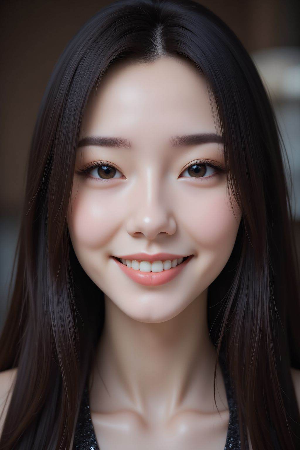 closeup face photo of 20 y.o, black eyes, pale skin, smile, long straight hair, elegant dress, <lora:20251027_TinFlux1AnimeCharactersNSFW_Epoch9:1>