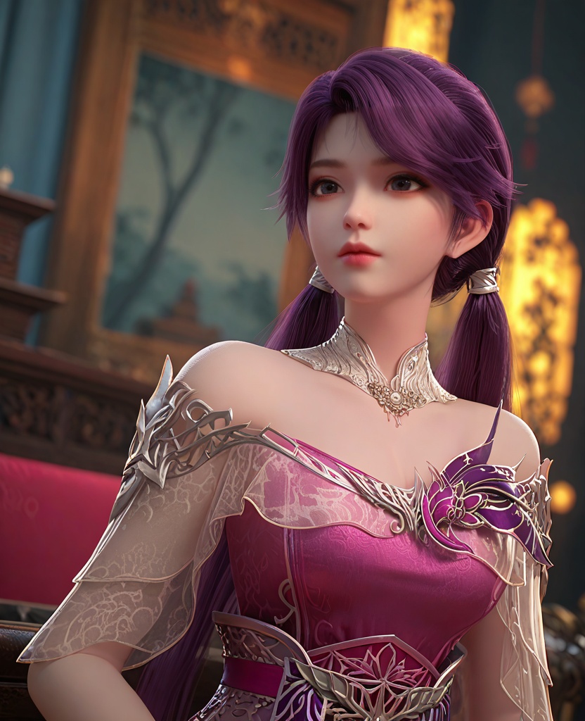 (oriental architecture, elegant decor, sophisticated style:1.1),(Resting on a bench in a busy city, looking tired but content after a long day of exploring,:1.1),(breasts:1.2),<lora:XL百炼成神罗嫣:0.95>,miss luoyan,long hair,purple hair,dress,low twintails,twintails,detached collar,bare shoulders,lips,jewelry,pink dress,eyelashes,teeth,, zPDXL2, score_9, score_8_up, score_7_up BREAK realistic, masterpiece,best quality, highly detailed,, zPDXL3, zPDXL2,zPDXL, zPDXLxxx, zPDXLrl,