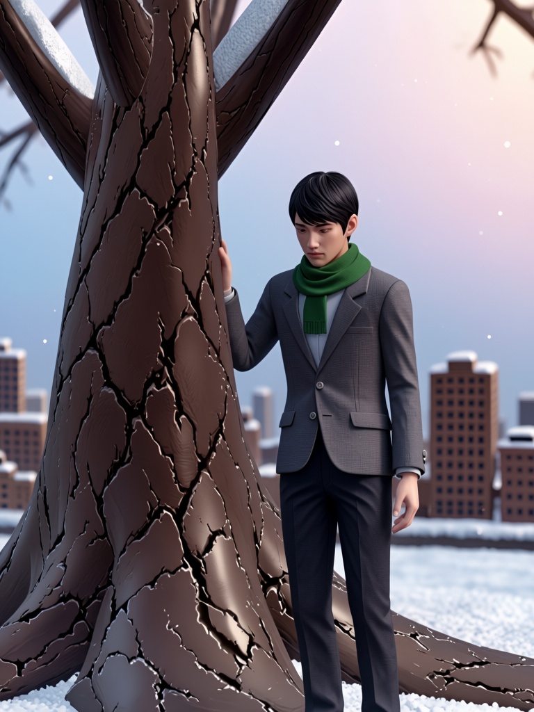 A full shot in a stylized 3D art style depicts a tall slim male with short black hair standing outdoors in a wintry landsc...