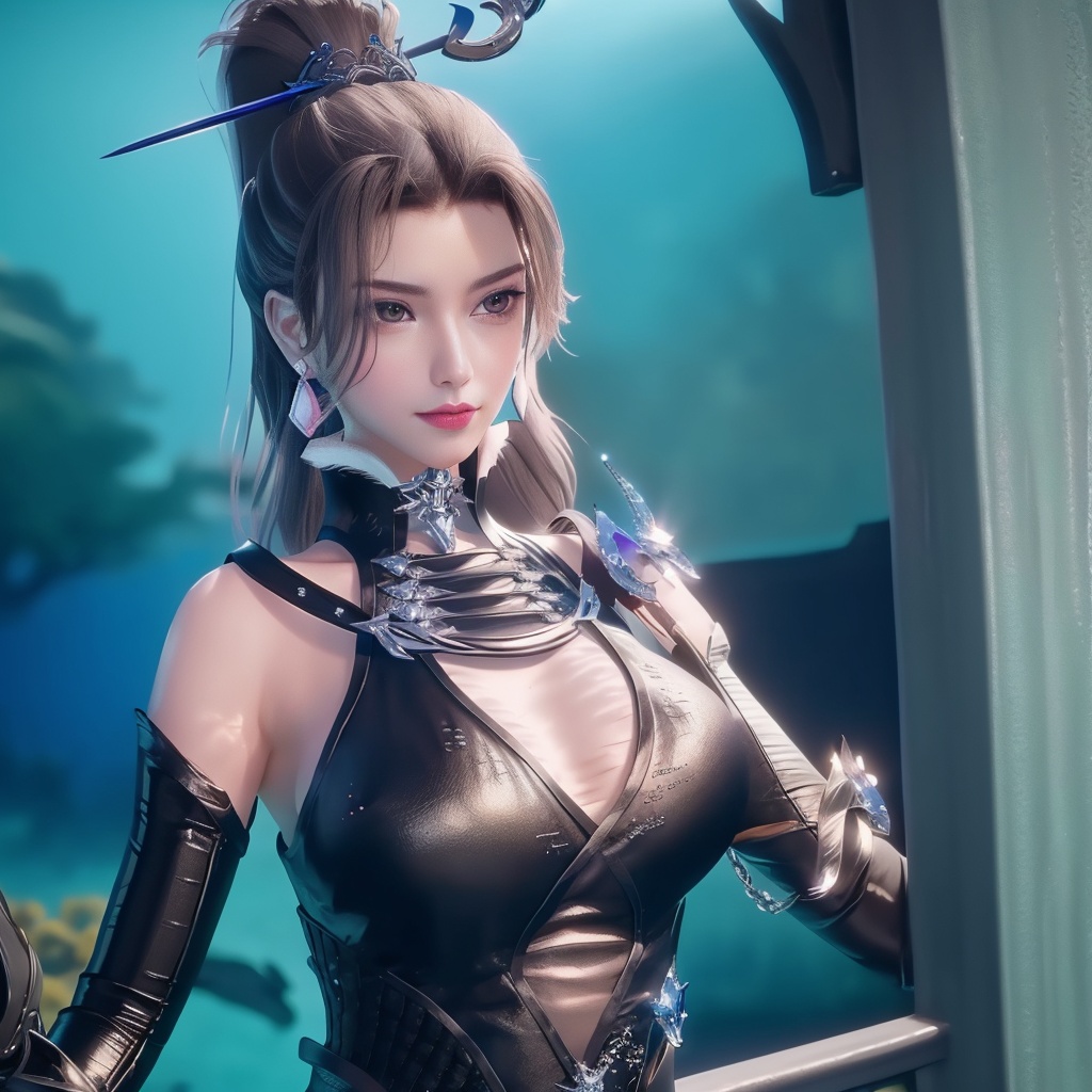 <lora:万界至尊-李雪衣-皮衣:0.8>, (,1girl, ,best quality, ),looking at viewer,masterpiece, ((((, solo,  , ,solo focus, ,underwater, )))) ,ultra realistic 8k cg,   clean, masterpiece,     cinematic lighting, cinematic bloom,  (( , )),, , unreal, science fiction, luxury, jewelry, diamond, gold, pearl, gem, sapphire, ruby, emerald, intricate detail, delicate pattern, charming, alluring, seductive, erotic, enchanting, hair ornament, necklace, earrings, bracelet, armlet,,(cleavage),,