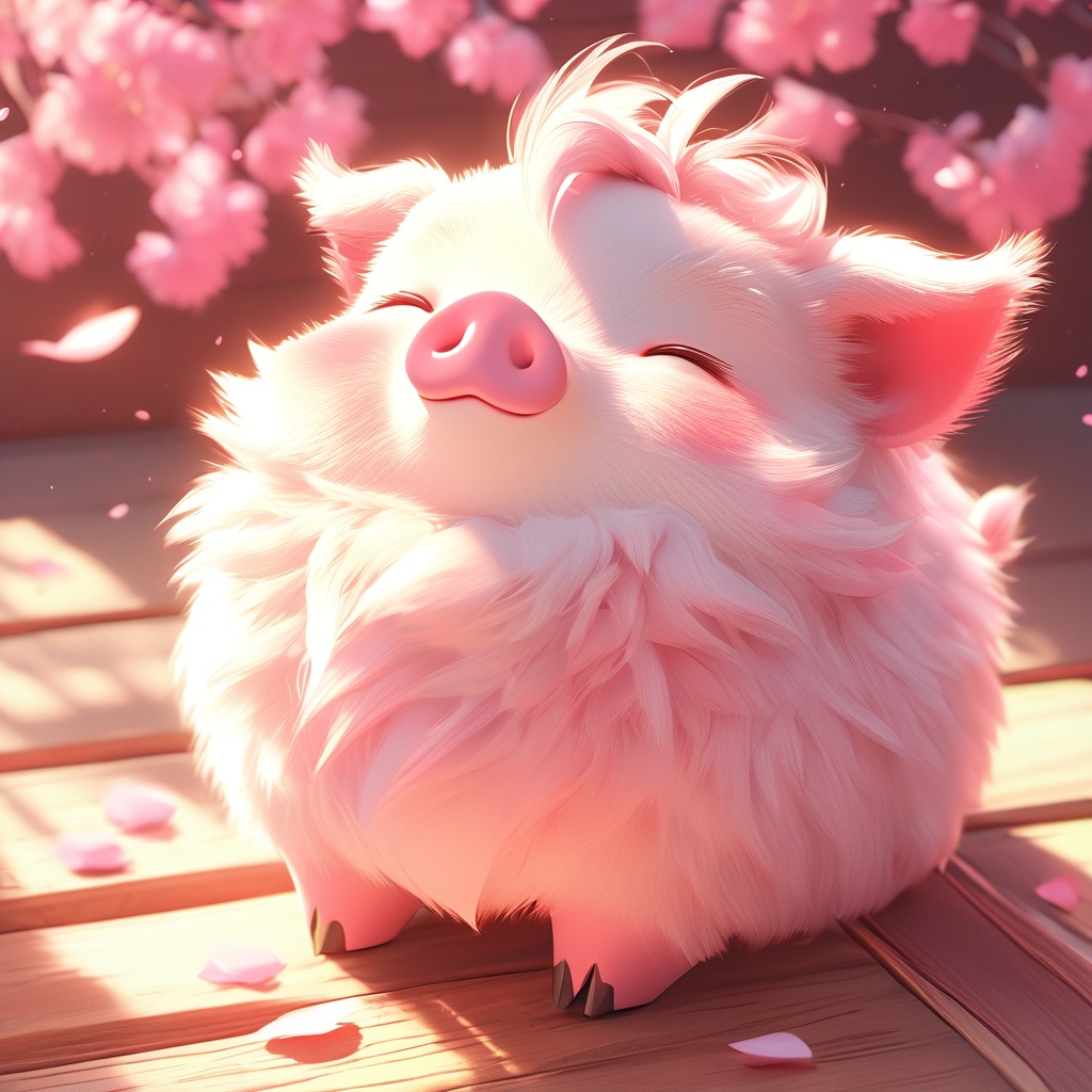 haizhu,pig,fluffy,sunlight,light particles,^ ^,whiskers,cc-color-correction,mf-movie-filter,warm colors,whimsy and dramatic lighting,white fur,soft lighting,pig focus,no humans,cute,closed eyes,petals,solo,wooden floor,bird,full body,cherry blossoms,pokemon \(creature\),<lora:haizhu_xl:0.8>,