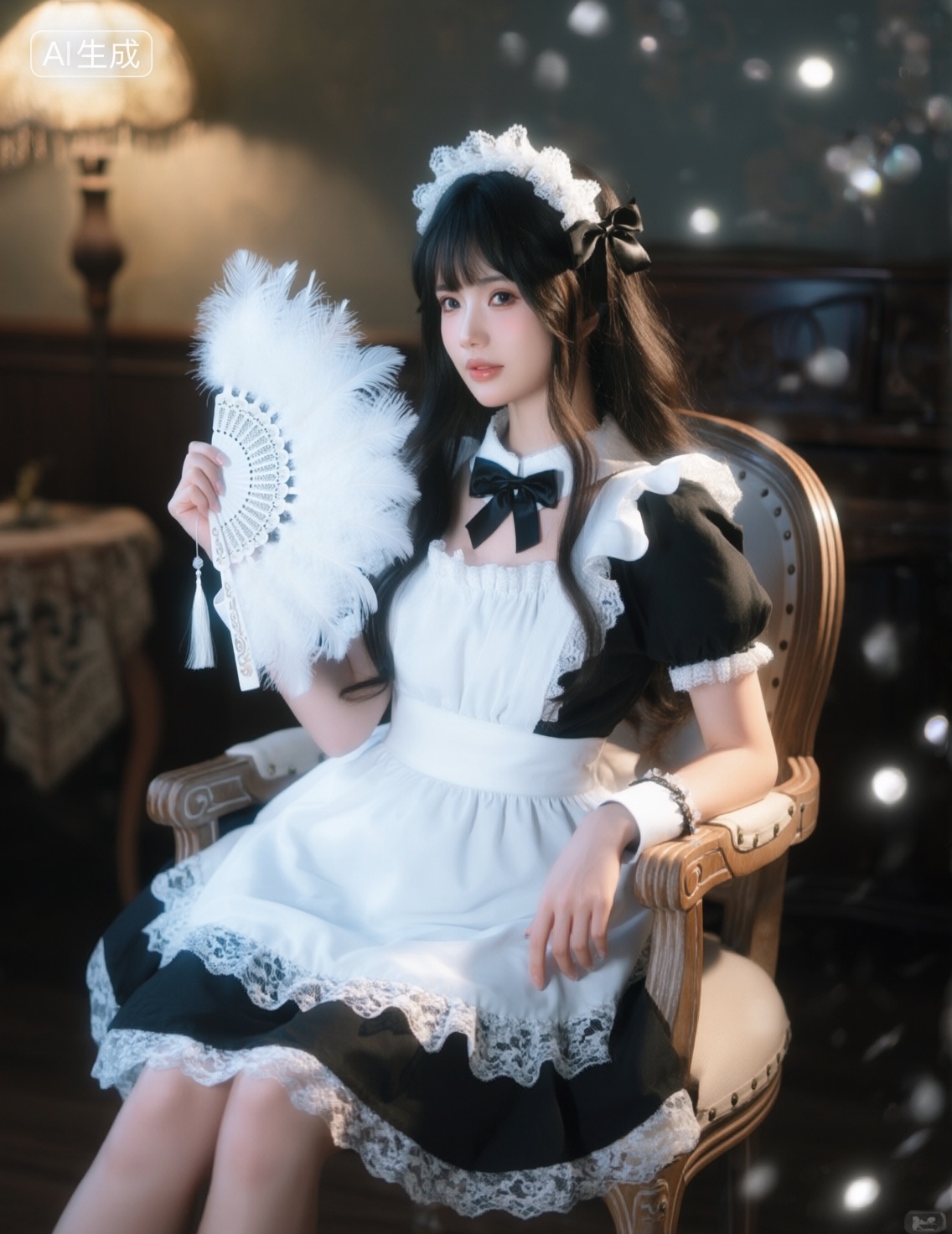 cosplay,zh,jp,sy,一位身着精致女仆装的女性,优雅地坐在古典风格的椅子上,她的服装以白色为主,点缀着黑色蕾丝和蝴蝶结,头戴与服装相配的发饰,整体造型典雅而俏皮,她手中轻握一把装饰华丽的羽毛扇,姿态温婉,眼神中透露出一丝温柔与自信,背景中的复古家具和柔和的灯光营造出一种温馨而浪漫的氛围,仿佛将观者带入了一个充满幻想与美好的世界,胶片摄影,淡彩,调性,暗调微光,清冷,通透,氛围低光,高反差,对焦模糊,个性视角,双重曝光,抓拍概念,大场景,秀发自然飘垂显肌理发丝光,既视感,现场感,情境氛围感拉满,暗朦,overexposure,高噪点,强烈的胶片颗粒质感,奇妙写意,光的美学,概念艺术,lomo效果,高级感,杰作,光粒子元素,, Negative prompt: ng_deepnegative_v1_75t,(badhandv4:1.2),EasyNegative,(worst quality:2),,nsfw, Steps: 40, Sampler: Euler, CFG scale: 4.0, Seed: 1141321588, Size: 1140x1472, Model hash: 98763a1277, Model: Qwen-Image_1.0.safetensors, Denoising strength: 0, RNG: CPU, Lora 1: 20251122-1763794867058-0001, Lora Hash 1: 0566c82ecb, Lora Weight 1: 0.6, Lora 2: 星美通义千问_亚洲人像摄影, Lora Hash 2: 62d8c8ddd6, Lora Weight 2: 0.1, Lora 3: Qwen_昭和美人复古摄影, Lora Hash 3: 7252b4b796, Lora Weight 3: 0.1, Lora 4: 星美Qwen_超现实氛围感人像摄影, Lora Hash 4: 94cce42ff9, Lora Weight 4: 0.1, vae_name: automatic