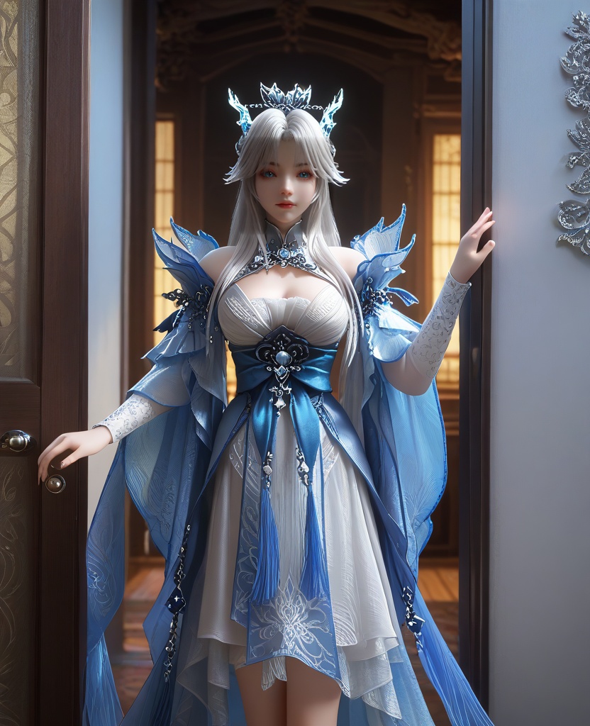 (Standing in a doorway, half in shadow, half in light, creating a mysterious mood,:1.1),looking at viewer,(large breasts:1.2),<lora:XL16云深不知梦龙儿:0.95>,miss longer,white dress with blue train,blue eyes,mole under left eye,white hair,long hair,half-up braid with long cascading hair,hair ornament,blue wide flowing sleeves,sash,opera gloves sleeves of white,crystal horns,adolescent girl,, score_9,score_8_up,score_7_up,score_6_up,score_5_up,score_4_up,3d rendering,tag1,tag2, Cinematic Lighting,backlighting,