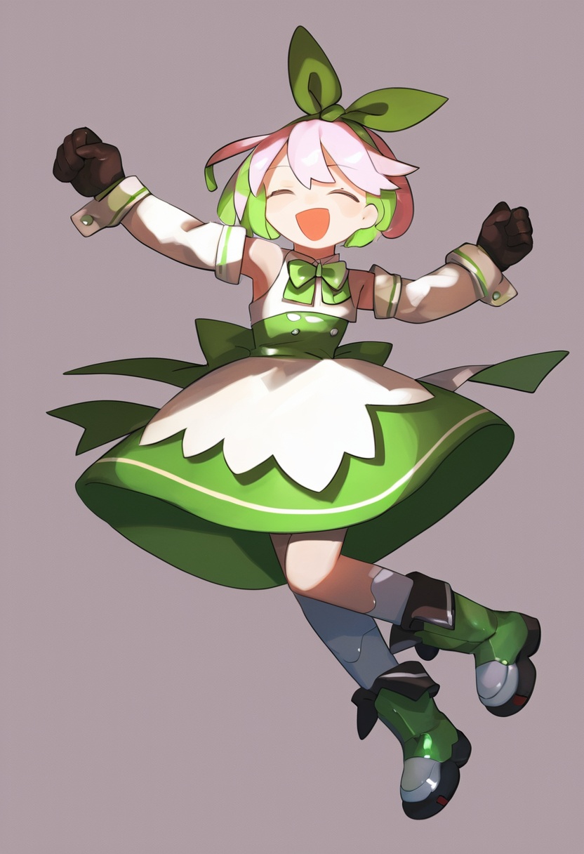 score_9, score_8_up, score_7_up, score_6_up, score_5_up,score_4_up,lvzi, short_hair, 1girl, gloves, simple_background, solo, colored_skin, black_gloves, white_background, full_body, standing, smile, boots, multicolored_hair, open_mouth, shoes, green_hair, shirt, two-tone_hair, long_sleeves, :d, hand_up, hairband, ribbon, pink_hair, outstretched_arm, grey_skin, hair_ribbon, happy, standing_on_one_leg, arm_up, bow, dress, green_hairband, green_skirt, leg_up, sidelocks, transparent_background, clenched_hands, green_bow, green_footwear, bowtie, green_dress, green_ribbon, green_bowtie, clenched_hand, closed_eyes, sleeveless, arms_up, wrist_cuffs, personification, sleeveless_dress, detached_sleeves, ^_^, facing_viewer, yellow_footwear, <lora:lvziXL-000010:0.8>