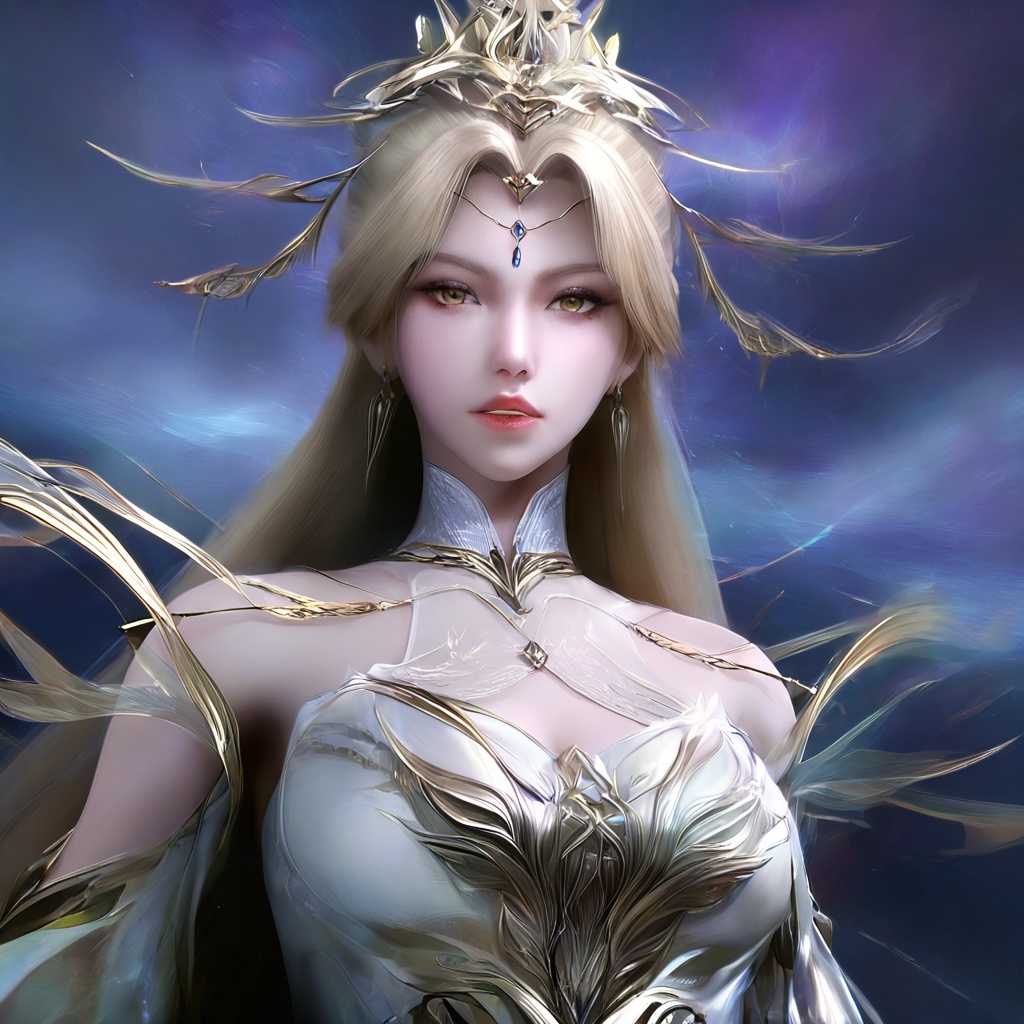 masterpiece,best quality,cinematic,(ultra-detailed),perfect composition,intricate details,absurdres,detailed face,high quality,high res,8K,1girl,solo,hair ornament,long hair,upper body,white dress,jewelry,earrings,dress,white hair,bare shoulders,looking at viewer,parted lips,realistic,teeth,blonde hair,gold long dress,barefoot,