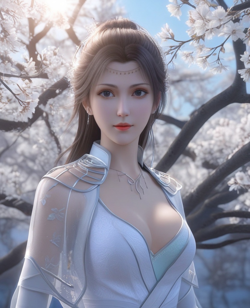 <lora:576-DA-XL-斗破苍穹-云韵-白服:0.8>(,1girl, ,best quality, ),looking at viewer,  ,, ultra detailed background,ultra detailed background,ultra realistic 8k cg,,masterpiece, (( , )), fiction,mole,  ,     ,see-through, lace, (cleavage),(((, solo, sun, , bare_tree, )))