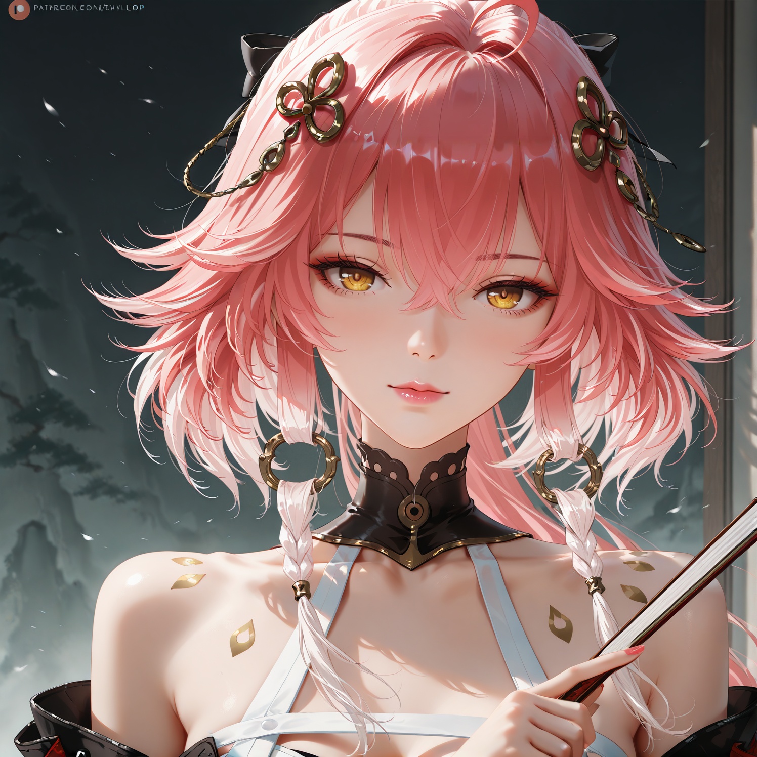(wlop:0.6),best quality,very aesthetic,pink lips,thin lips,sexy,folding_fan,fan,holding fan,holding,holding fan,solo,open folding fan,the fan blocks half of the face,upper body,<lora:长离长离:1>,changli,1 woman,yujie,long hair,bangs,hair ornament,hair between eyes,yellow eyes,pink hair,ahoge,red hair,