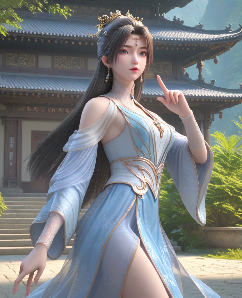 (oriental architecture, elegant decor, sophisticated style:1.1),(finger gun:1.1),(breasts:1.2),<lora:XL16神墓雨馨:0.95>,miss yuxin,white blue tiered dress,blue eyes,black hair,traditional chinese updo with long cascading hair,hair ornament,jewelry,earrings,sash,, score_9,score_8_up,score_7_up,score_6_up,score_5_up,score_4_up,3d rendering,tag1,tag2, Cinematic Lighting,backlighting,