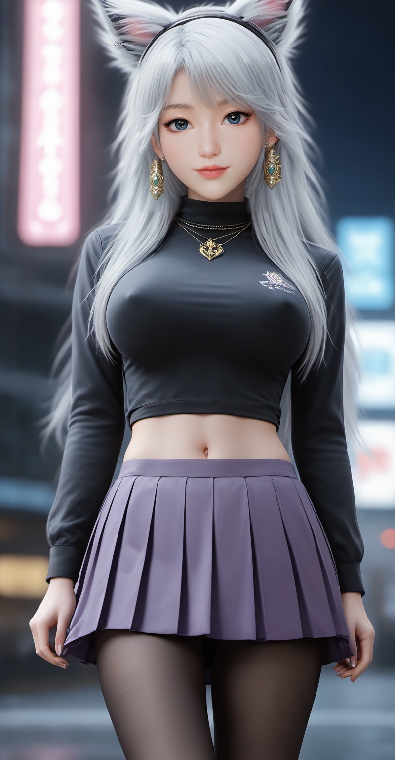 Close-up details,outstanding style,adding a touch of dimension to your images without compromising details,<lora:银月XL:0.8>,yinyue,white hair,fake animal ears,fox_ears,blue eyes,fair_skin,long hair,jewelry,earrings,1girl,breasts,skirt,solo,pantyhose,large breasts,purple skirt,covered navel,long sleeves,taut clothes,miniskirt,pleated skirt,turtleneck,black shirt,shirt,black pantyhose,taut shirt,whirls of vapor,iridescent textures,(Anime:1.1),soft neon light,ethereal ambiance,delicate details,magical atmosphere,concept art,highly detailed,ultra-high resolution,32K UHD,sharp focus,best-quality,masterpiece,golden hour,unconventional supreme masterpiece,masterful details,temperate atmosphere,in the style of fashion photography,cover,Dynamic Angle,with a high-end texture,Dynamic posture,
