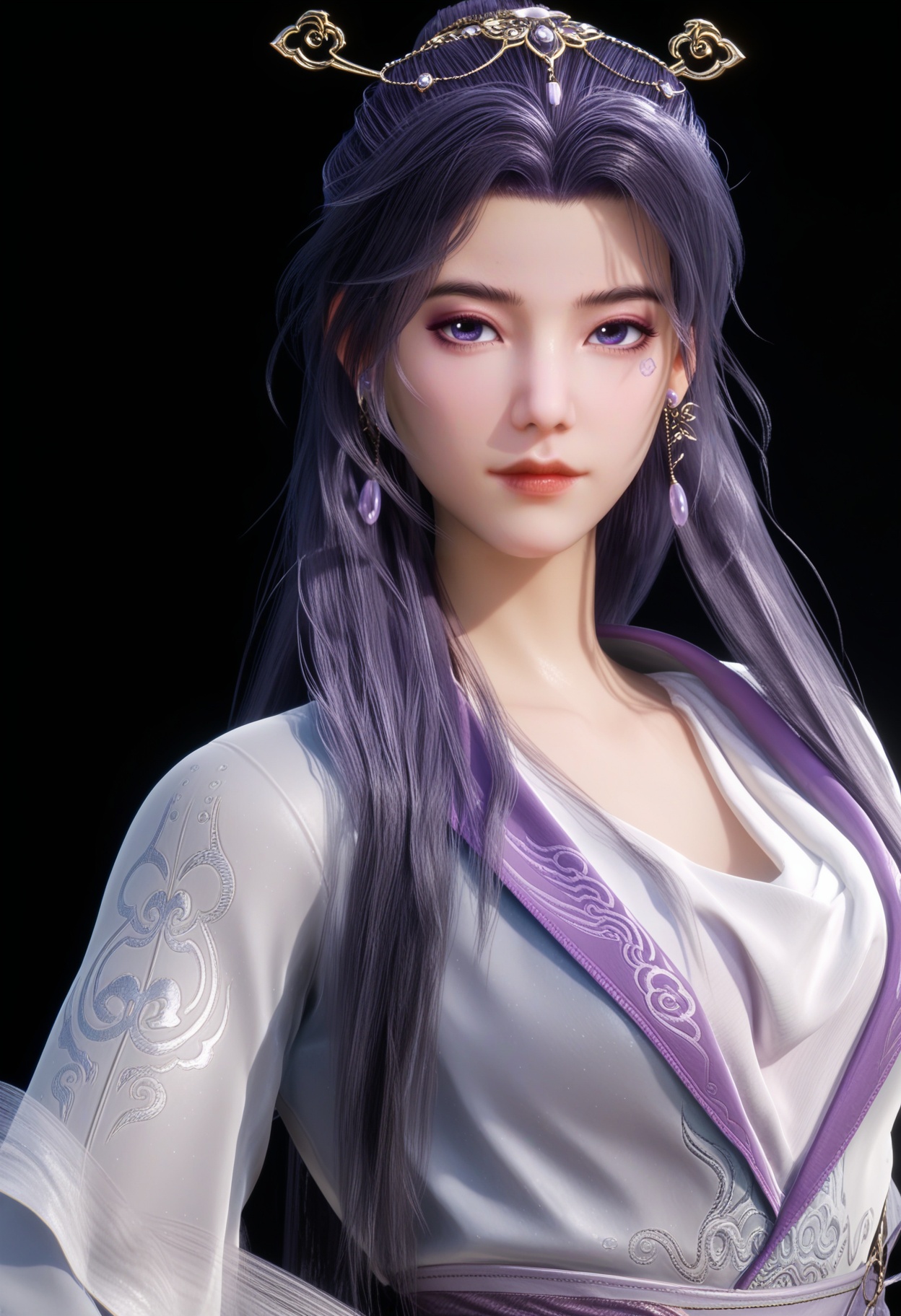 (cowboy shot:1.2),(score_9:1.2),(score_8_up:1.2),(top quality, 8k wallpaper:1.1),(masterpiece:1.1),(best quality:1.2),(intricate details),8k,1girl,facing viewer,(looking at viewer:1.1),<lora:YQ_pony_yunxiaoxianzi2.0_V5:0.95:lbw=1,1,1,1,1,1,1,1,1,0.8,0.8,0.1>,<lora::0.8>,q1528437228,1girl,solo,long hair,purple hair,purple eyes,hair ornament,chinese clothes,dress,jewelry,earrings,hair stick,long sleeves,sash,facial mark,single hair bun,wide sleeves,blue eyes,boots,black hair,shawl,BREAK(score_9:1.2),(score_8_up:1.2),masterpiece,best quality,very aesthetic,perfect anatomy,(hourglass),perfect face,(simple background,pure black background,black background:1.1),fair_skin,(shiny_skin:1.1),Ivory_skin,