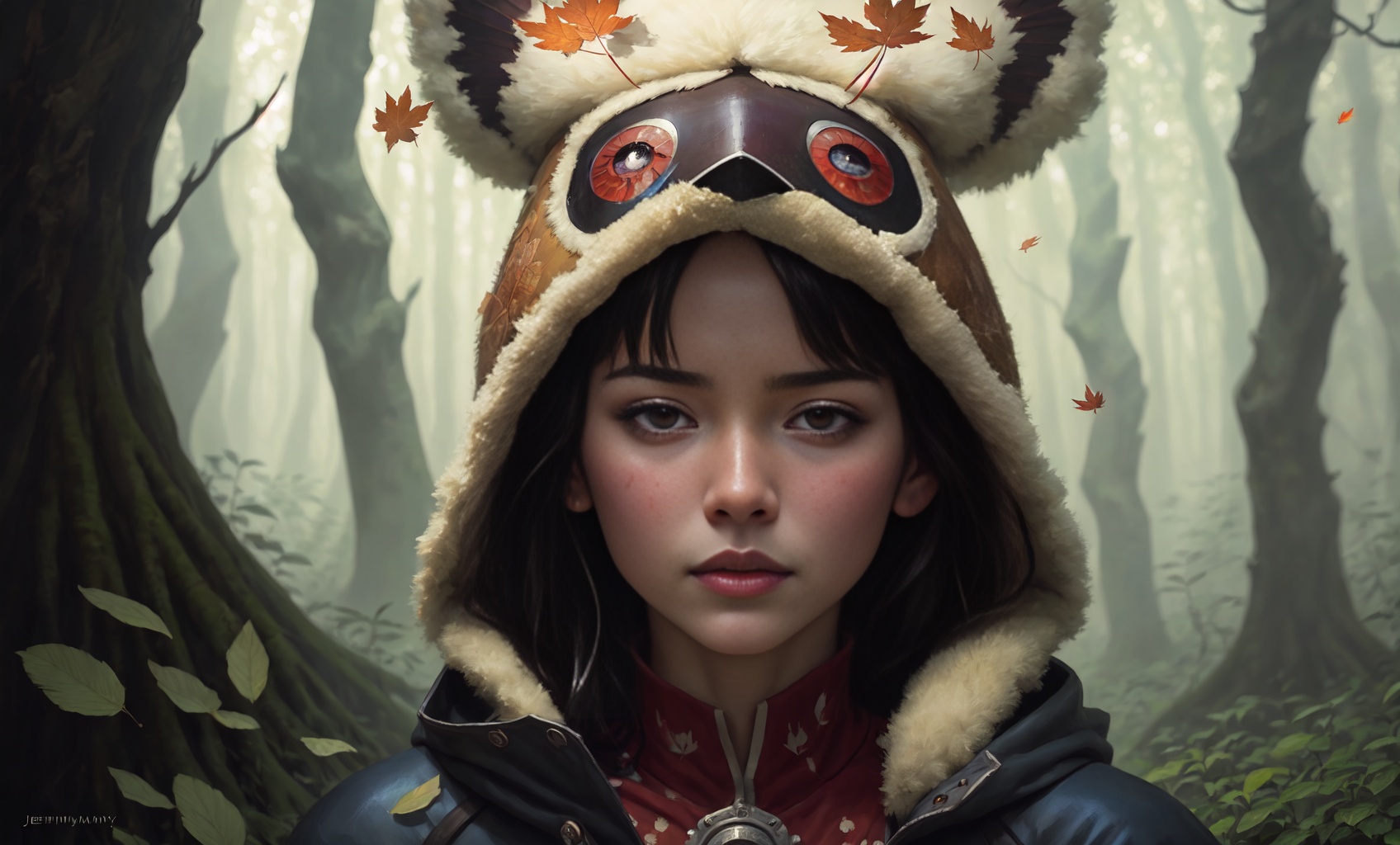 close up portrait of mononoke hime, woman, falling leafs, forest creatures in the background, professional majestic oil painting by Ed Blinkey, Atey Ghailan, Studio Ghibli, by Jeremy Mann, Greg Manchess, Antonio Moro, Intricate, High Detail, Sharp focus, dramatic, photorealistic painting art by midjourney and greg rutkowski