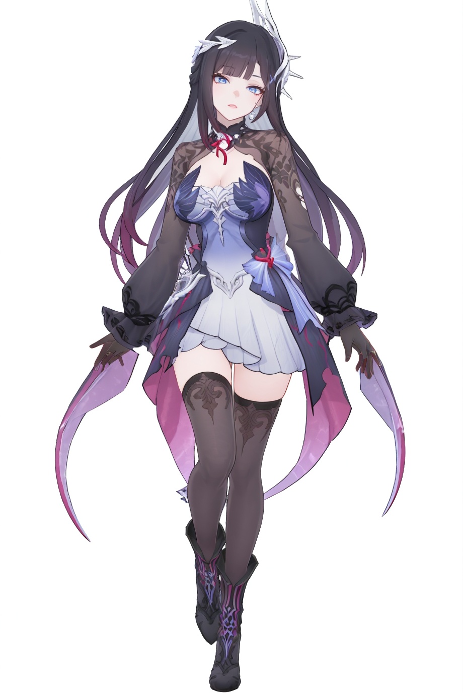 8k,best quality,masterpiece,(ultra-detailed),(high detailed skin),(by nanoless, by misumi \(macaroni\),:0.5),A full-body portrait of a young girl,standing gracefully,pastel art style,high-key lighting,shoujo manga influence,hd quality,delicate details,full body,full shot,standing,looking at viewer,(solo:1.2),simple background,(white background:1.2),<lora:Hysilens-sd-Tanger:0.8>,Hysilens \(Honkai: Star Rail\), silver face scale, 1girl, long hair, blue eyes, black hair, Hysilensdef hair ornament, bangs, breasts, clothes: Hysilensdef white-and-black dress, Hysilensdef thighhighs, Hysilensdef mismatched gloves, long sleeves,torn thighhighs,black left glove,red right glove