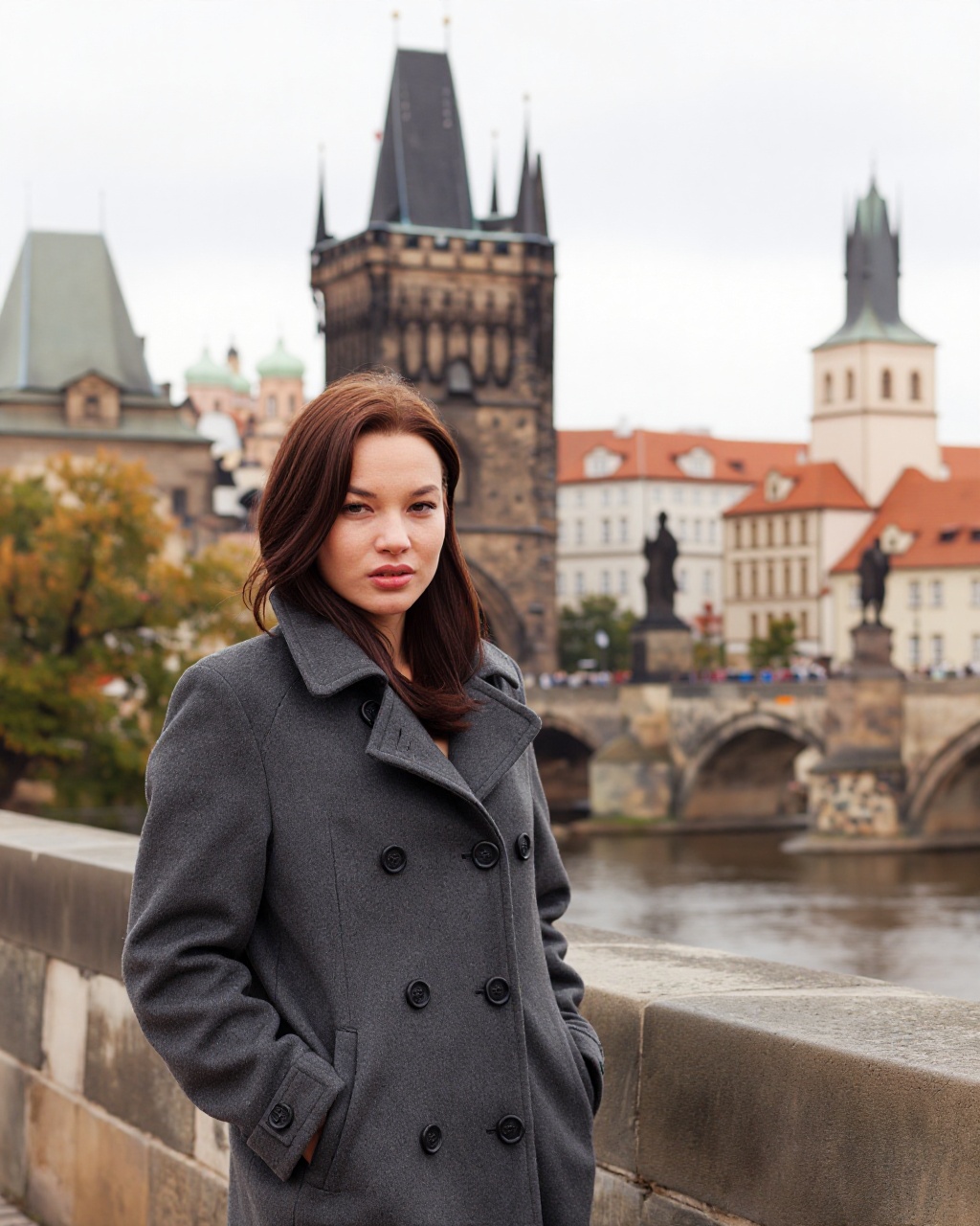 cinematic semi-closeup shot photo of a beautiful woman in foreground,  in Prague,  at the Charles Bridge on Tensor.Art