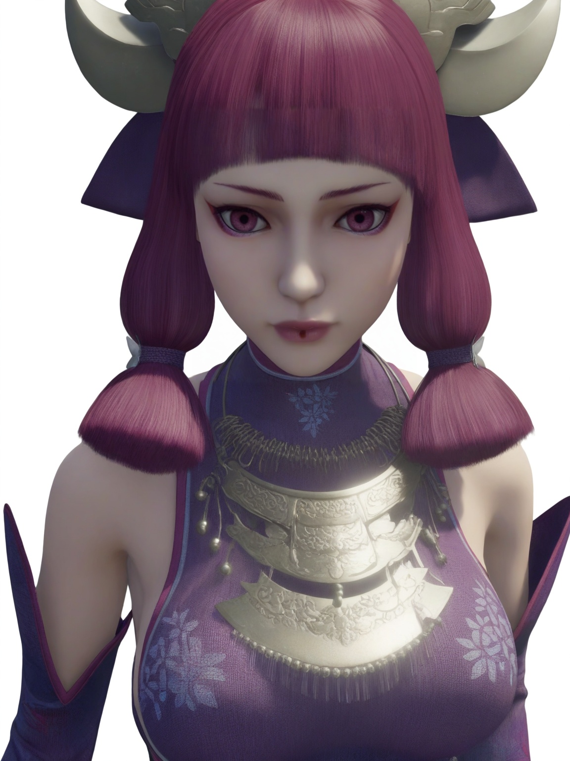 score_9,<lora:SF_ChiMeng2_Pony_Realism-000004:0.7>,1girl,solo,purple clothes,detached sleeves,bangs,pink hair,purple eyes,belt,large breasts,hair ornament,standing,makeup,upper body, fair_skin,white_skin,Ivory_skin,looking at viewer,white background,simple background,