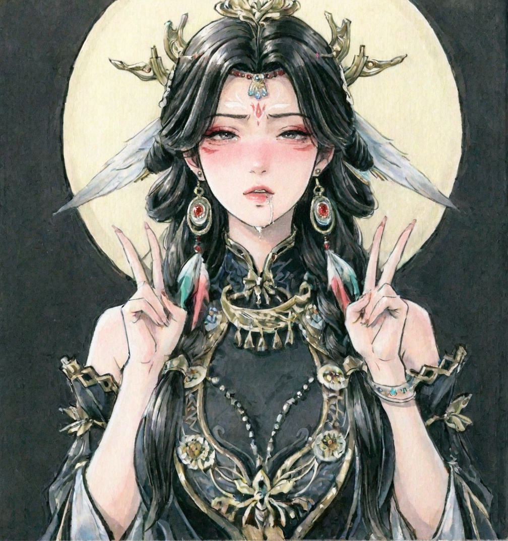 ((very awa)),solo,highly detailed,(best quality),((masterpiece)),1girl,chi,<lora:鸽正则nbXL:0.4>,ge,<lora:chi正则100nbXL:0.7>,traditional media,painting \(medium\),watercolor \(medium\),looking_at_viewer,(mature_female),<lora:玲珑诛仙第三季nbXL:0.7>,linglong,long hair,jewelry,earrings,black hair,hair ornament,upper body,simple background,bare shoulders,black_clothes,facial mark,forehead mark,ahegao,blush,rolling_eyes,drooling,female_orgasm,double_v,