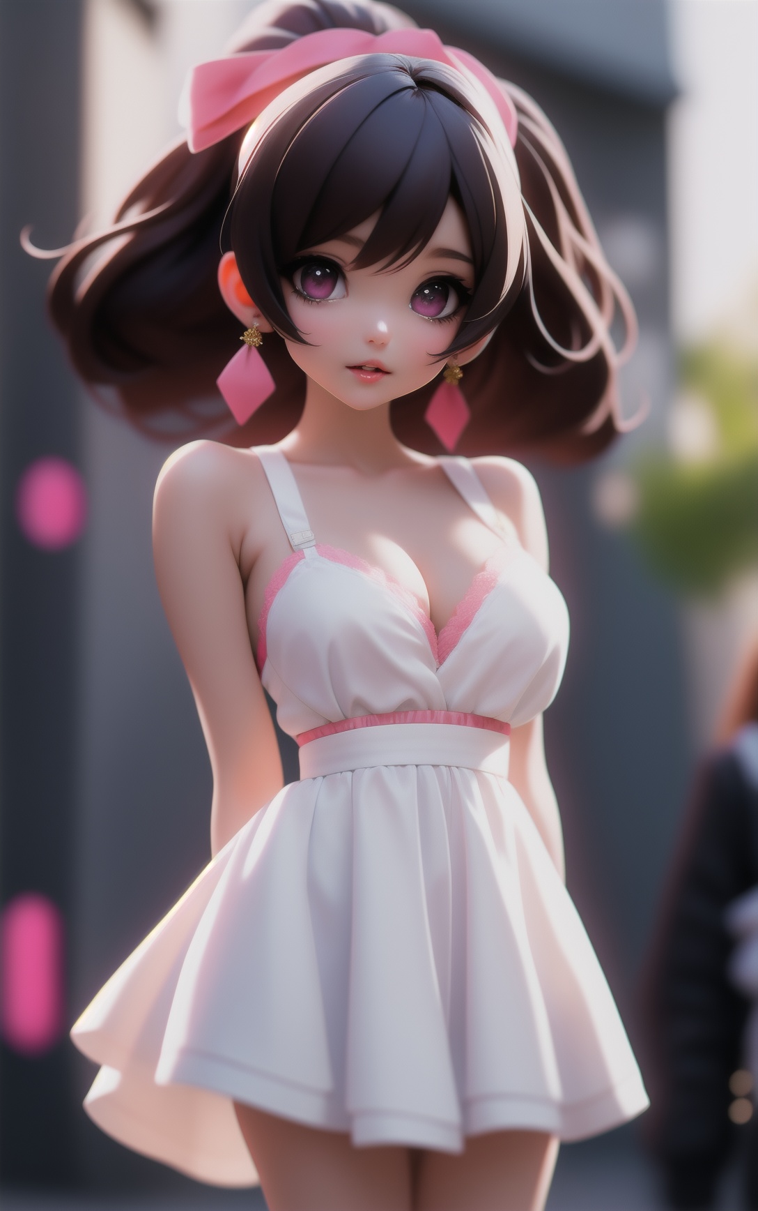 Yuya Mikami,  a woman in a white dress posing for a picture in front of a wall with graffiti on it and a black bra,  blurr...