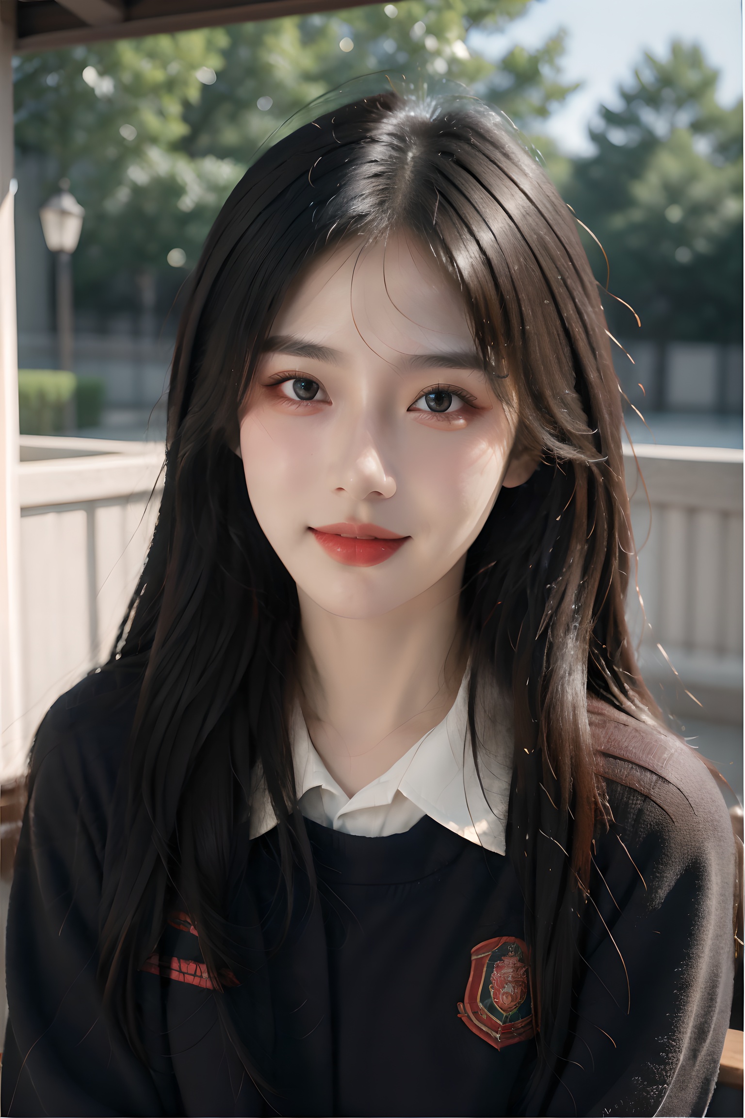 1girl,upper body,school uniform:1.5,black hair,seductive smile,blush,in school,best quality,masterpiece,realistic,HDR,UHD,8K,masterpiece,realistic,<lora:abel好看的姿势:0.2>,<lora:QYpifuV1:0.6>,<lora:abel光艺术:0.05>,<lora:shaonv6-4:0.5>,