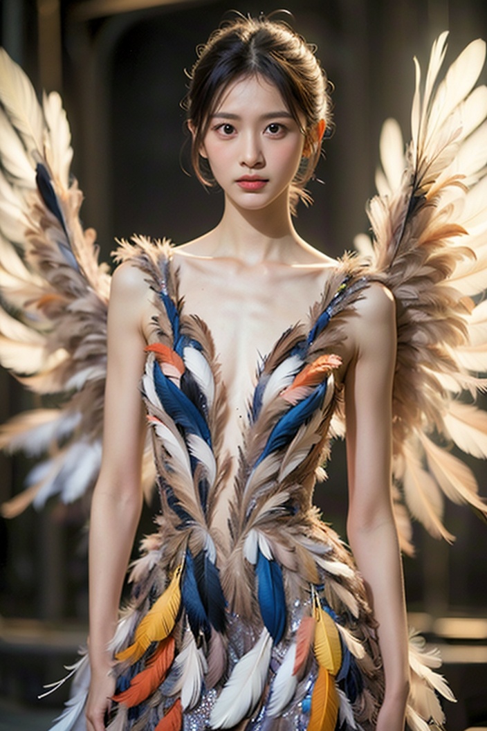 mujiwings,1 gril,solo,Black feathers,fire,feather dress,<lora:花海:0.7>,<lora:翅膀:0.8>,