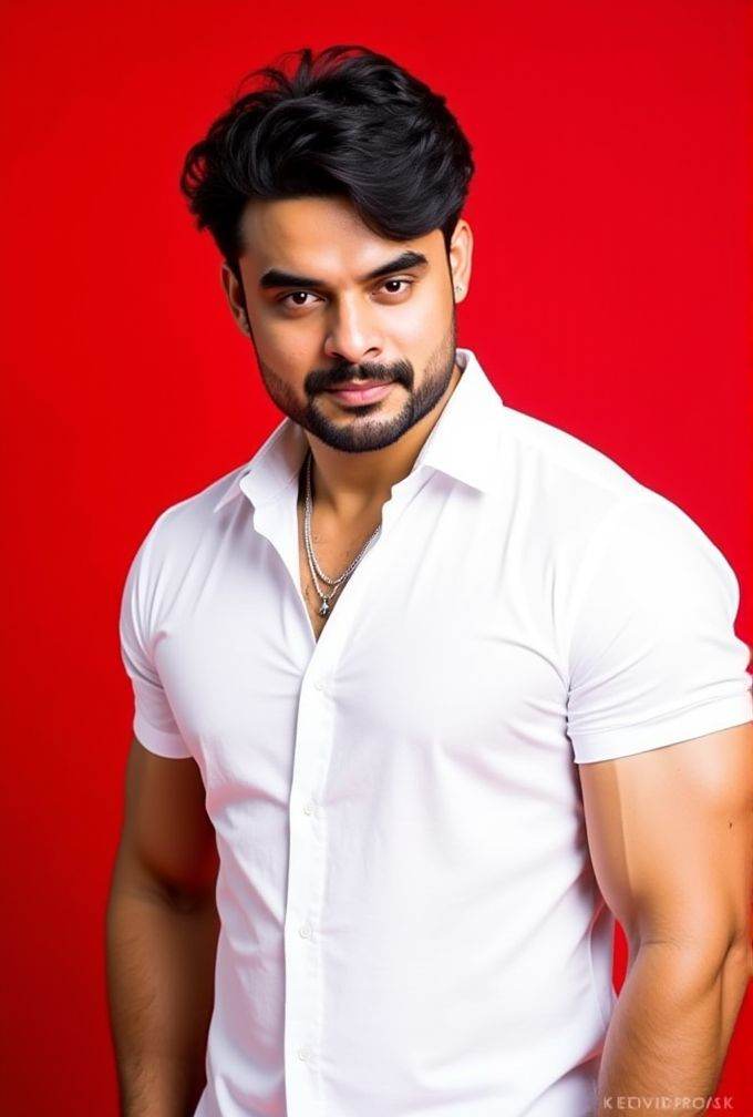 tovino thomas ,  The image is a high-resolution photograph,  standing against a solid red background. wavy hair styled to...