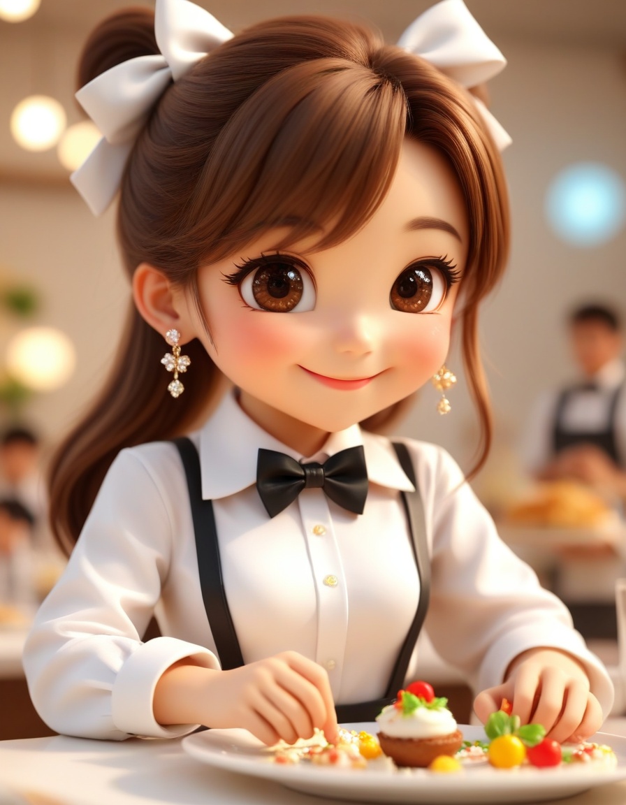 1girl,<lora:3ddm:1>,3ddm,1boy, male focus, solo, food, bow, bowtie, earrings, jewelry, shirt, blurry, smile, brown hair, brown eyes, white shirt