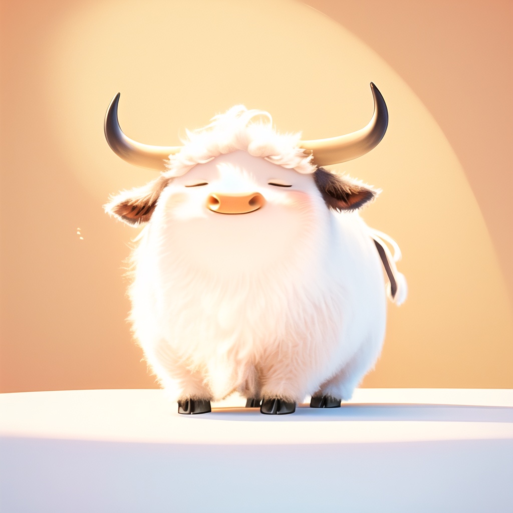 chouniu,cow,soft lighting,^ ^,cc-color-correction,whimsy and dramatic lighting,white fur,warm colors,mf-movie-filter,cute,no humans,solo,closed eyes,fluffy,full body,cow focus,horns,cow tail,standing,orange background,facing viewer,closed mouth,tail,cow horns,simple background,<lora:chouniu:0.8>,