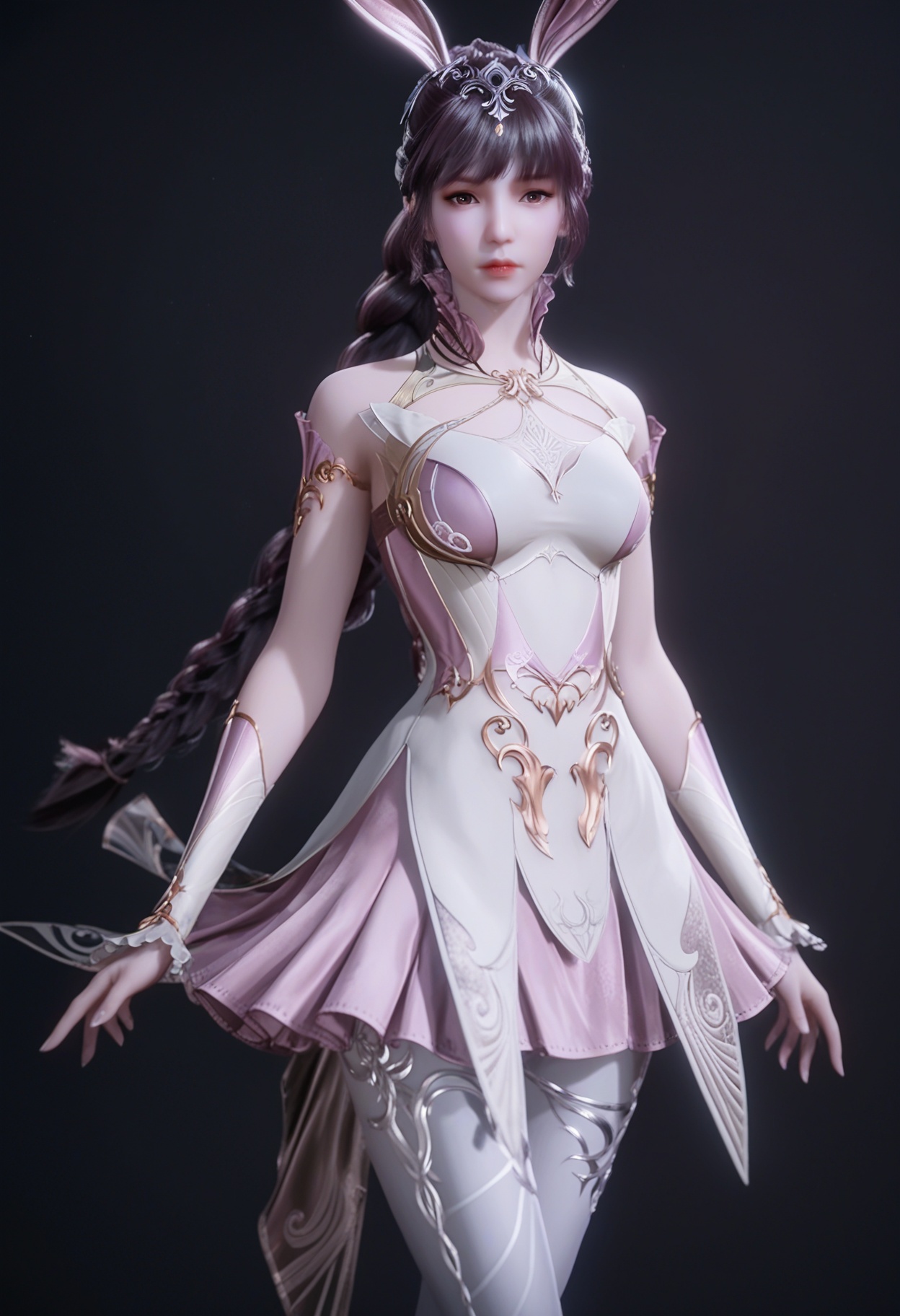 (cowboy shot:1.2),(score_9:1.2),(score_8_up:1.2),(top quality, 8k wallpaper:1.1),(masterpiece:1.1),(best quality:1.2),(intricate details),8k,1girl,facing viewer,(looking at viewer:1.1),<lora:YQ_pony_xiaowu_fuzhuang2_V5:0.95:lbw=1,1,1,1,1,1,1,1,1,0.8,0.8,0.1>,q1528437228,1girl,solo,hair ornament,long hair,dress,black hair,rabbit ears,animal ears,ponytail,brown hair,collar,metal collar,braid,pantyhose,(high heels:0.8),brown eyes,blunt bangs,braided ponytail,jewelry,BREAK(score_9:1.2),(score_8_up:1.2),masterpiece,best quality,very aesthetic,perfect anatomy,(hourglass),perfect face,(simple background,pure black background,black background:1.1),(fair_skin:1.1),(shiny_skin:1.2),(Ivory_skin:1.1),