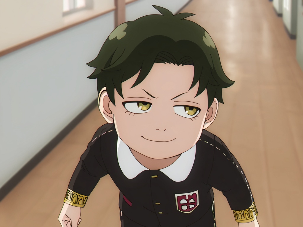 <lora:Damian_Desmond_XL:1>,explicit,Damian Desmond,(best quality:1),(best detail:1),(masterpiece:1),school corridor,elegant walking,male focus,1boy,solo,(toddler:1.2),(petite:1.3),dark green hair,short hair,yellow eyes,perfect eyes,(5fingers:1.1),perfect hands,black school uniform with phnom penh,black school uniform shorts,smug,correct anatomy,available light,full_shot,(realistic:1.6),(incredibly absurdres:2),