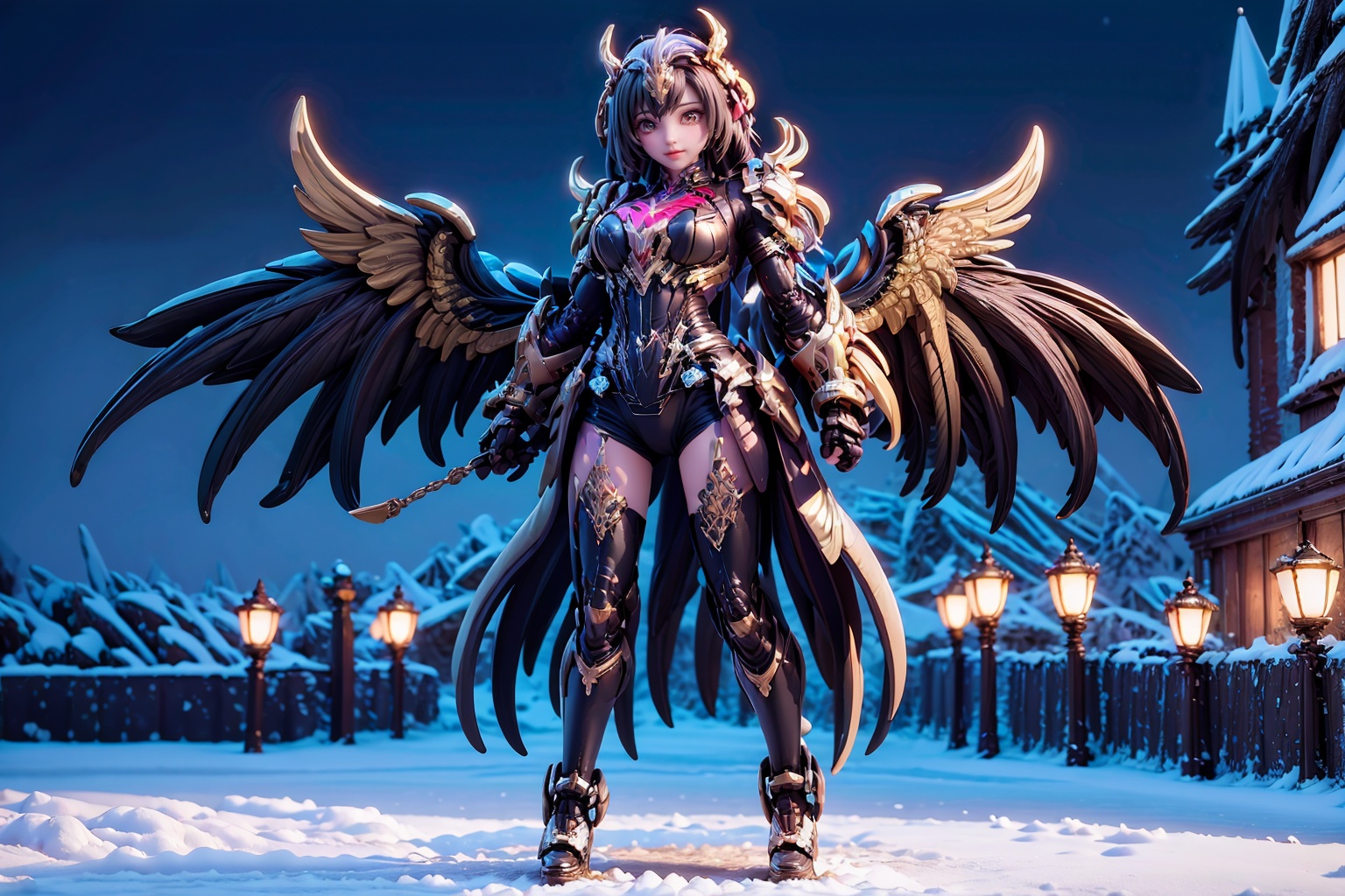 masterpiece,best quality,1girl,(super huge feather wings:1.4),black hair,sky,(woman mecha warrior,mighty and domineering,all body cool mecha,black and gold color scheme,red armor:1.4),(Standing outside the huge gates of the Ice Castle:1.3),look at viewer,floating hair,outdoor,(full body:1.5),(full moon:1.4),(ice castle:1.5),(snow:1.3),(chibi:1.1),<lora:AGirl_v1:1>,